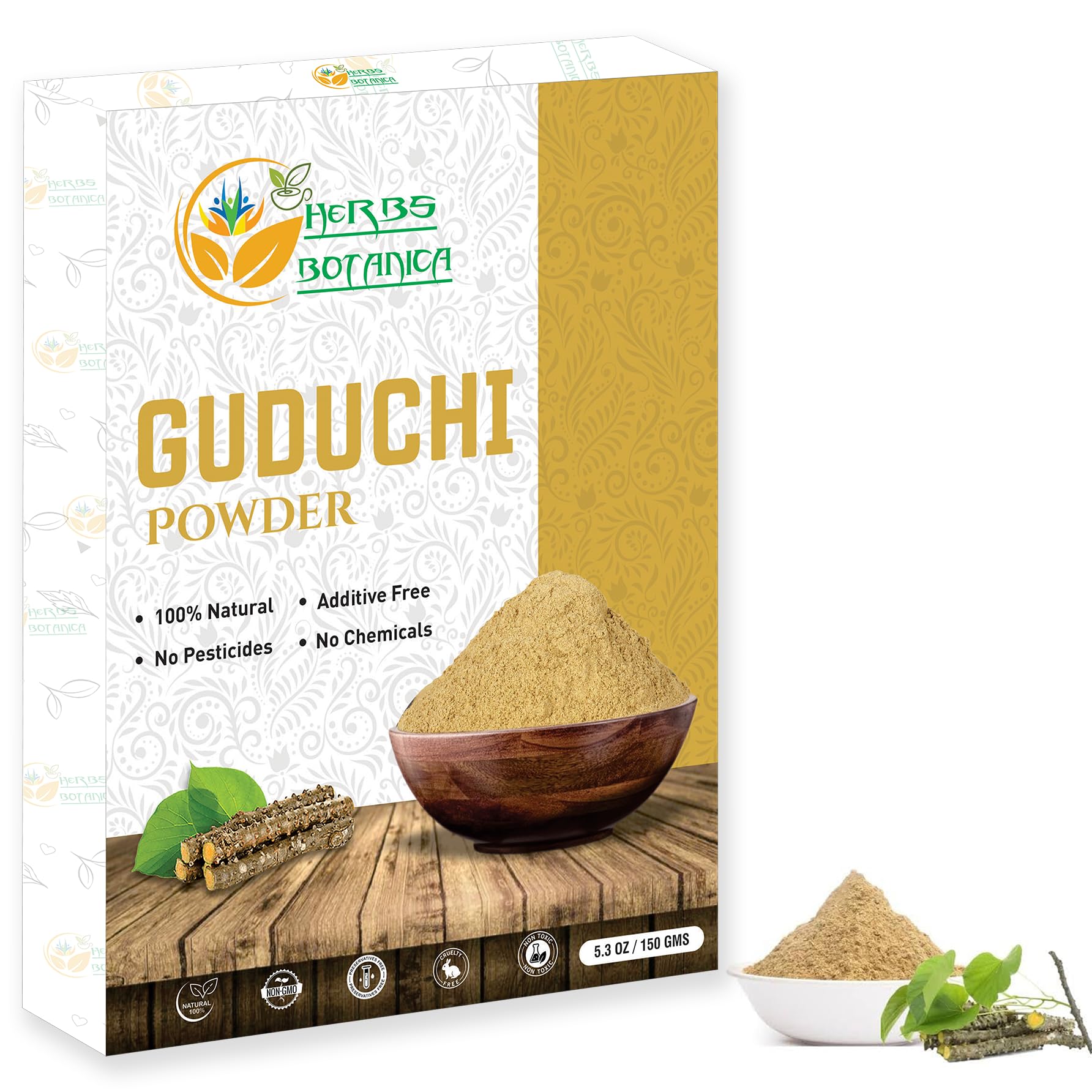 Herbs Botanica Poudre Guduchi emballage pratique pour utilisation quotidienne.