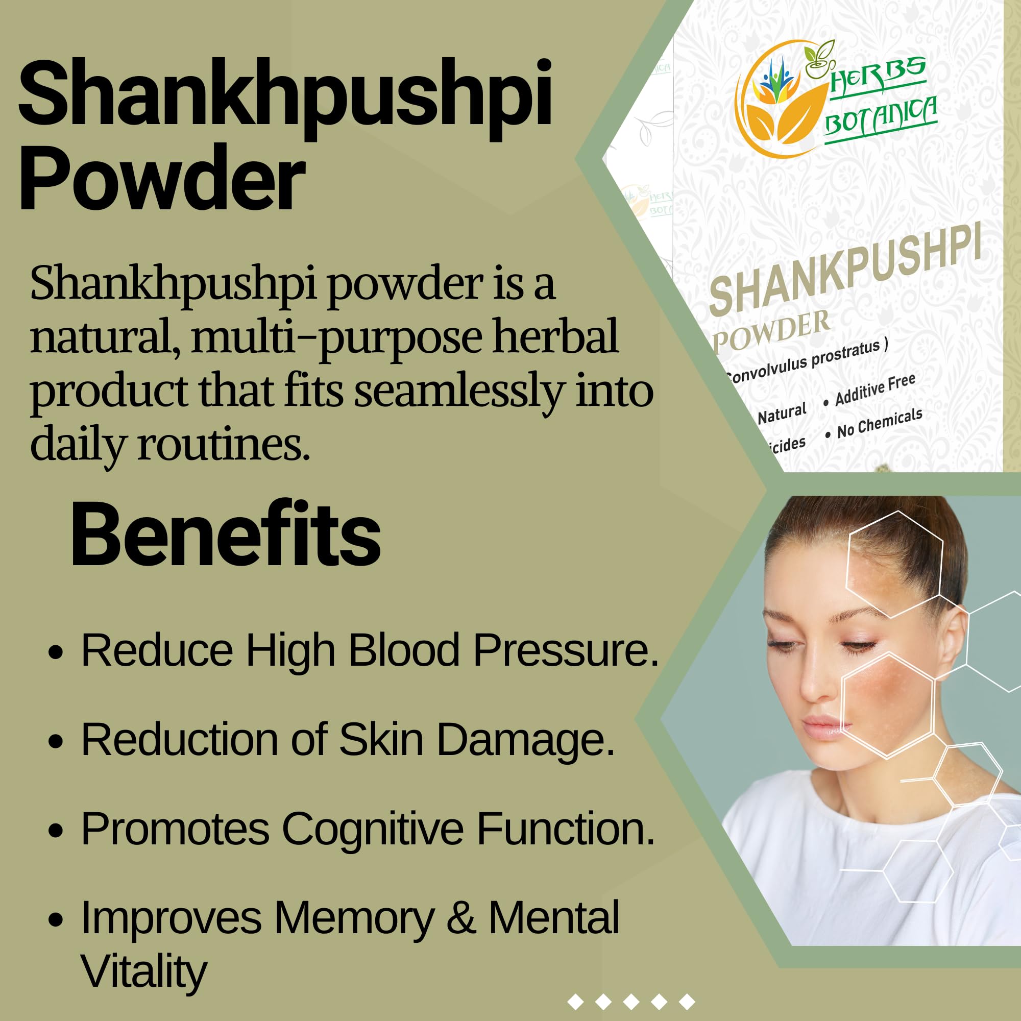 Herbs Botanica Poudre Shankhpushpi dans un bocal, usage quotidien.