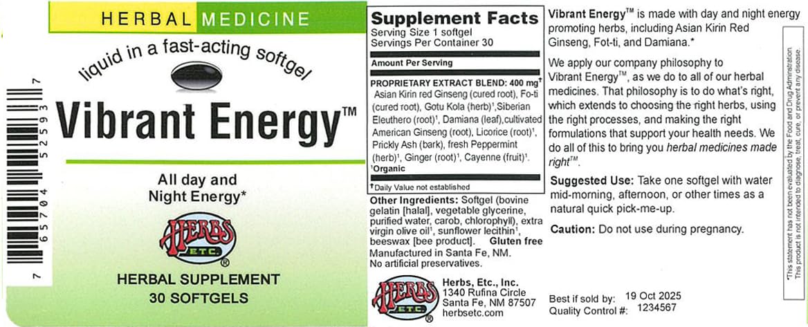 Vibrant Energy de Herbs Etc, gélules à prendre avec de l'eau, moment rapide de revitalisation.