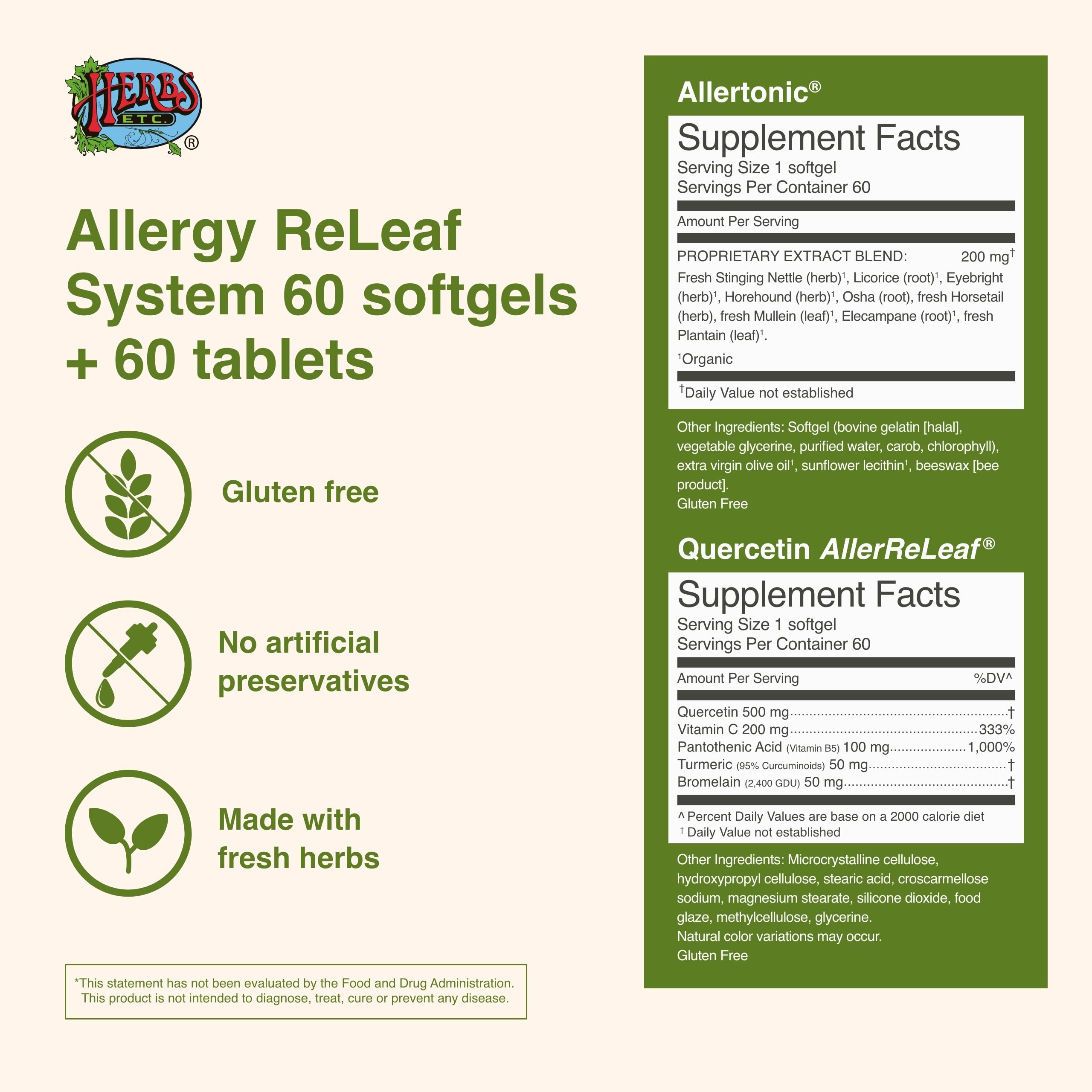 Herbs Etc. Allergy ReLeaf System – étiquette montrant ingrédients naturels et bénéfices potentiels.