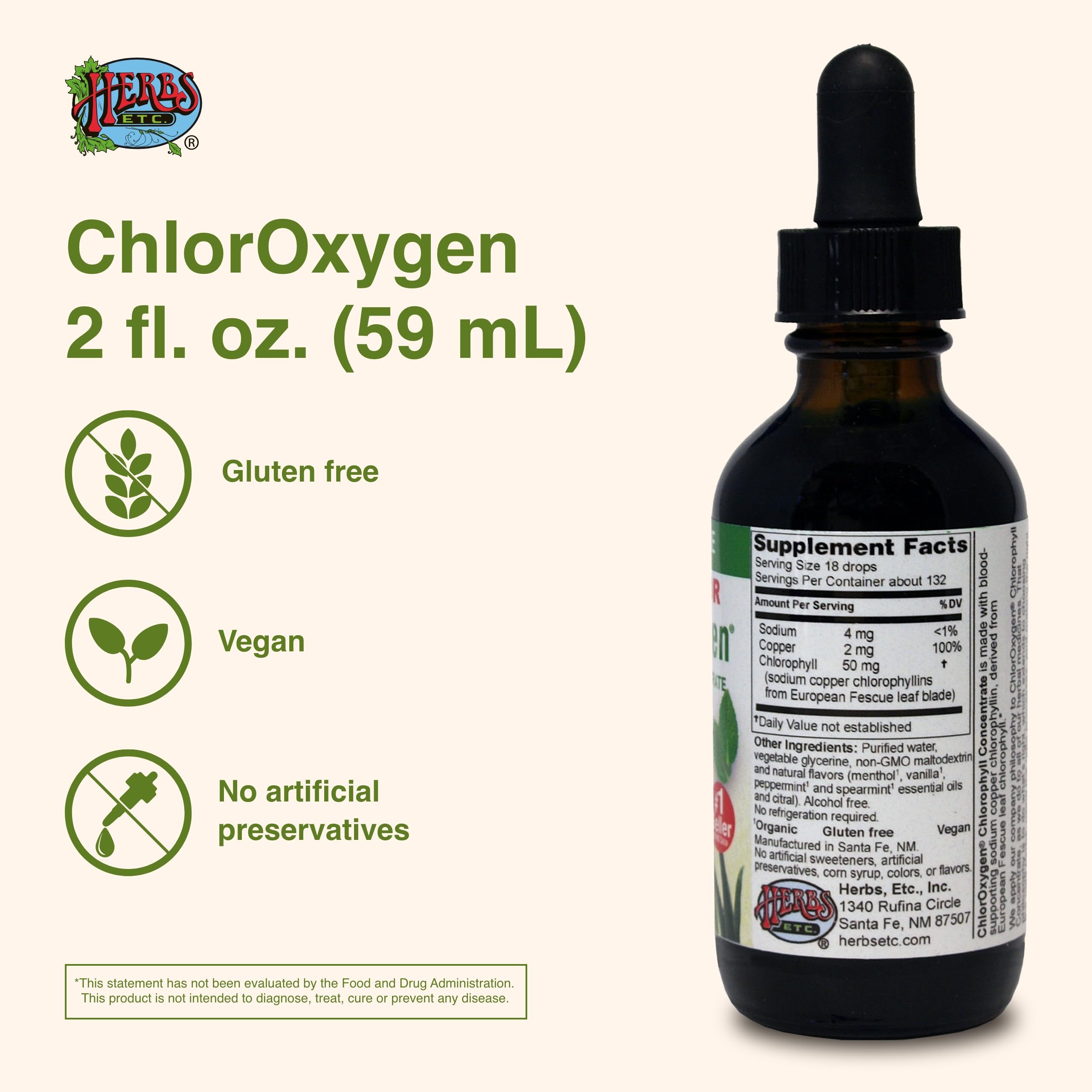 Herbs Etc. ChlorOxygen flacon ambré sans alcool pour vitalité quotidienne