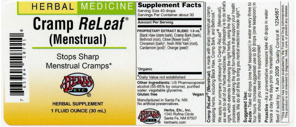 Cramp ReLeaf d'Herbs Etc. – gélules prêtes à être utilisées avec de l’eau pour un soulagement rapide