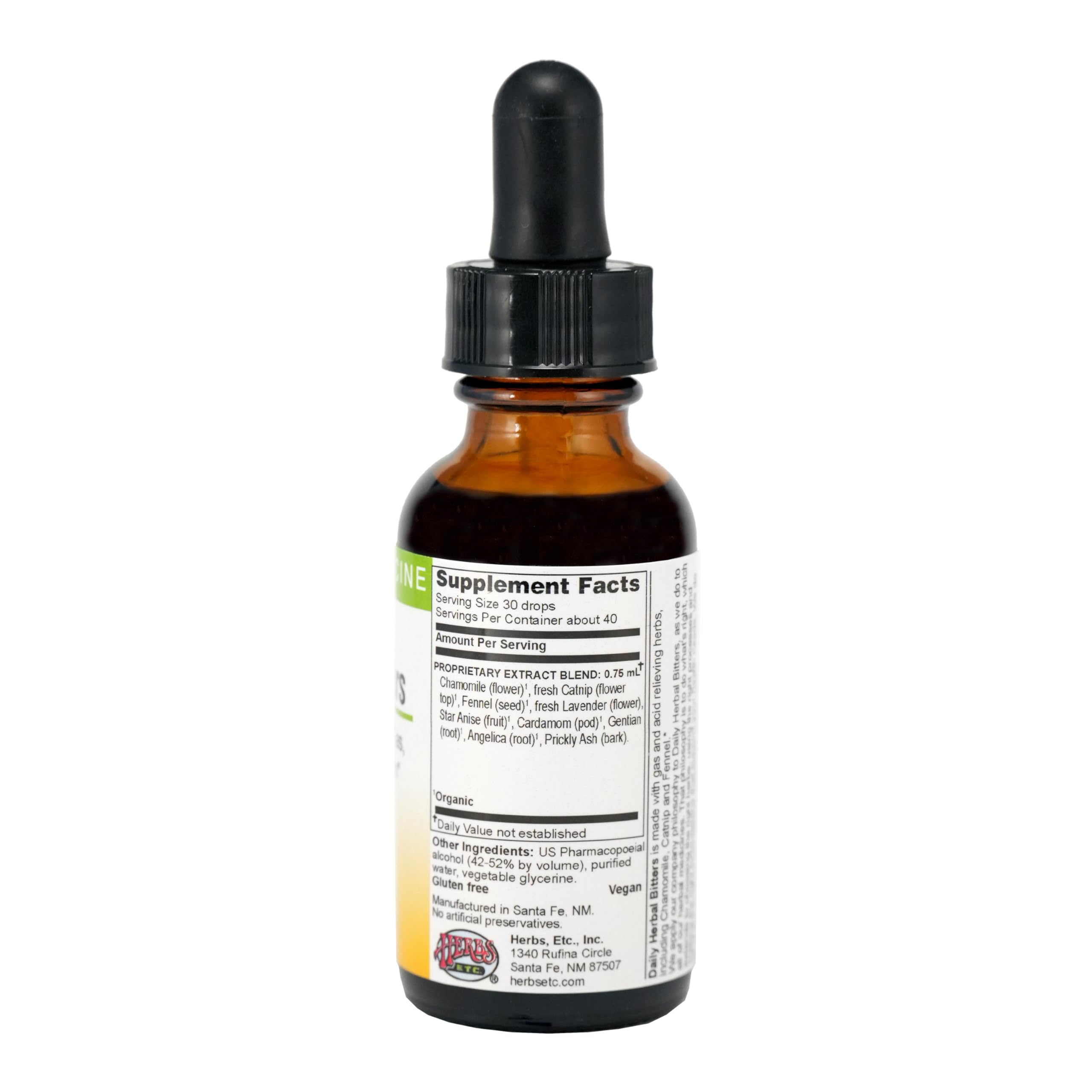 Étiquette et flacon des Daily Herbal Bitters montrant camomille et fenouil.