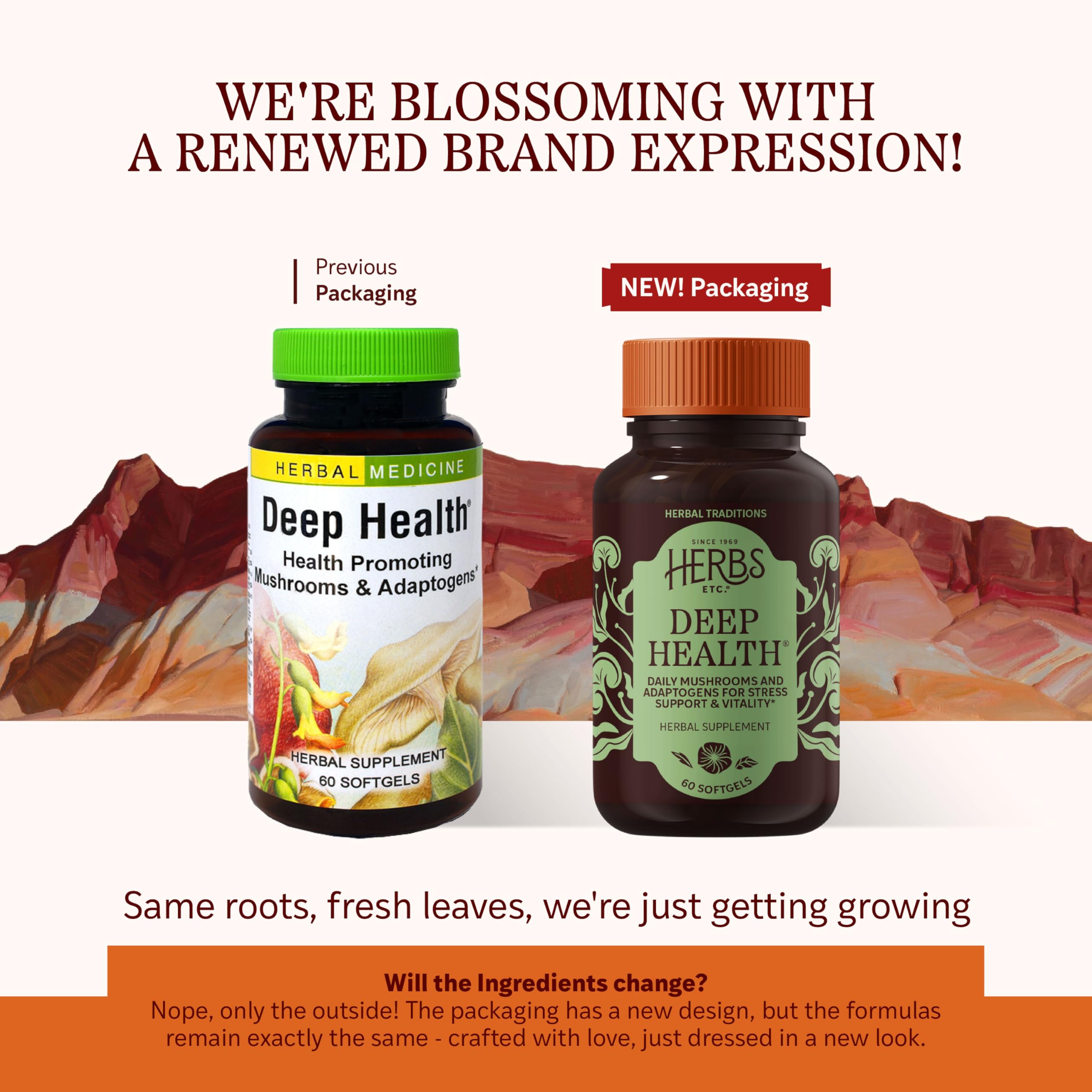 Herbs Etc. Deep Health, étiquette claire sur la bouteille, formule naturelle sans additifs artificiels