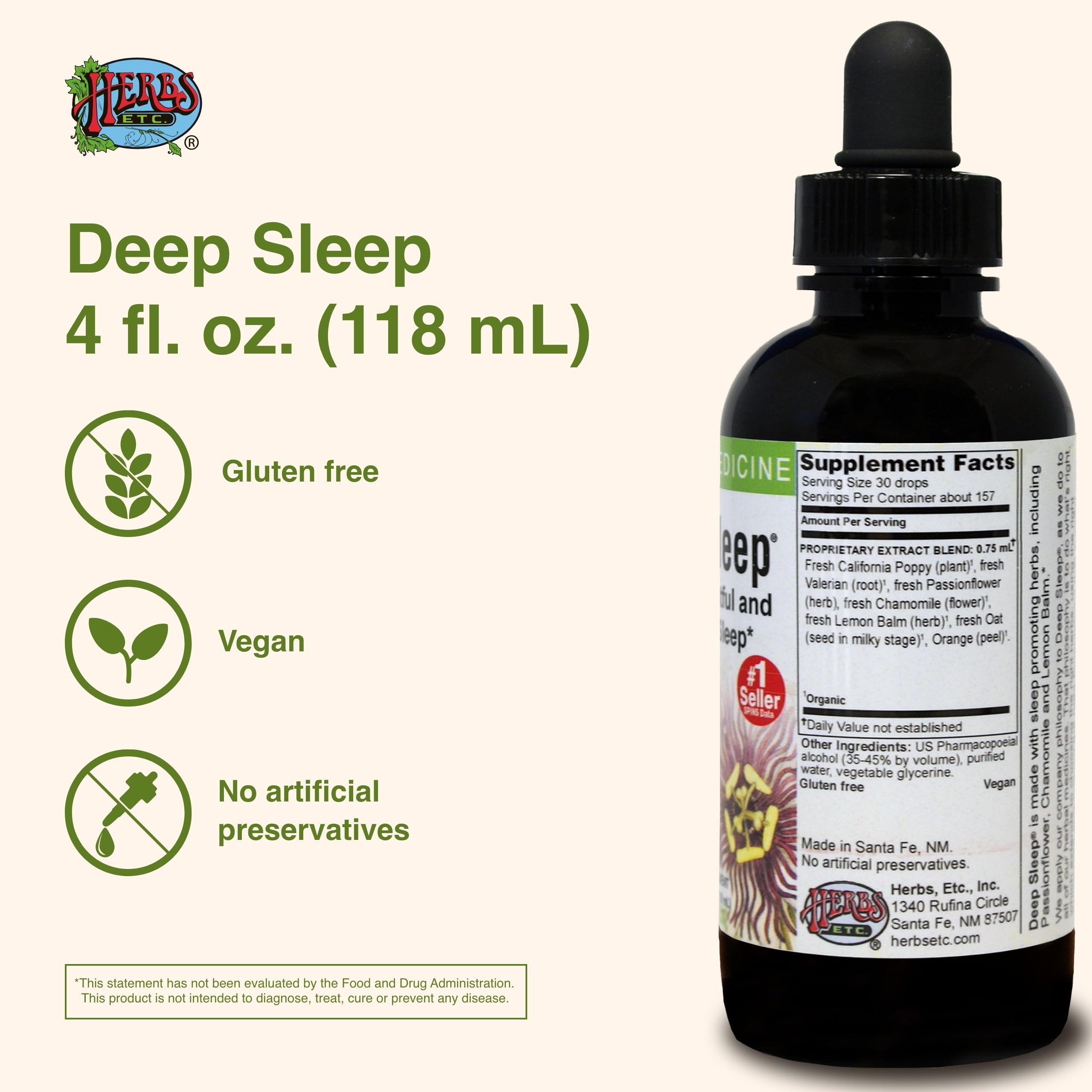 Herbs Etc. Deep Sleep: ingrédients naturels passiflore camomille mélisse pour un soutien doux.