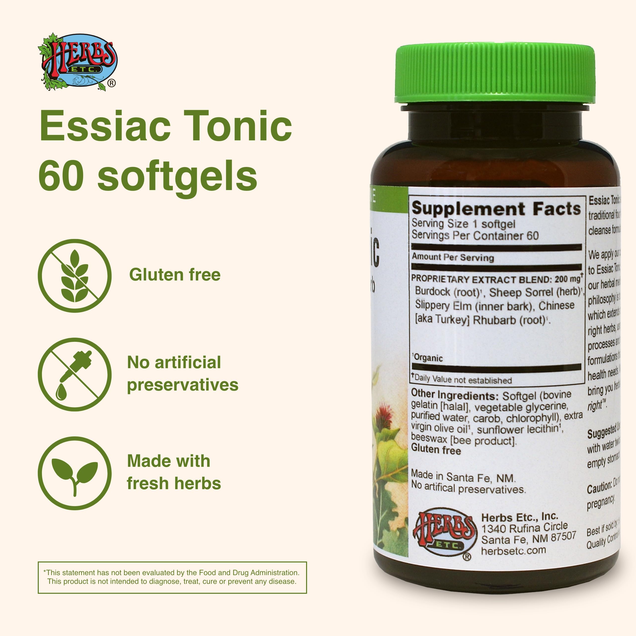 Étiquette et emballage clairs du Essiac Tonic par Herbs Etc.