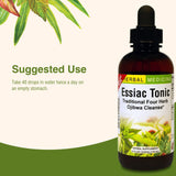 Flacon transparent dEssiac Tonic, présentation du produit et du dosage.