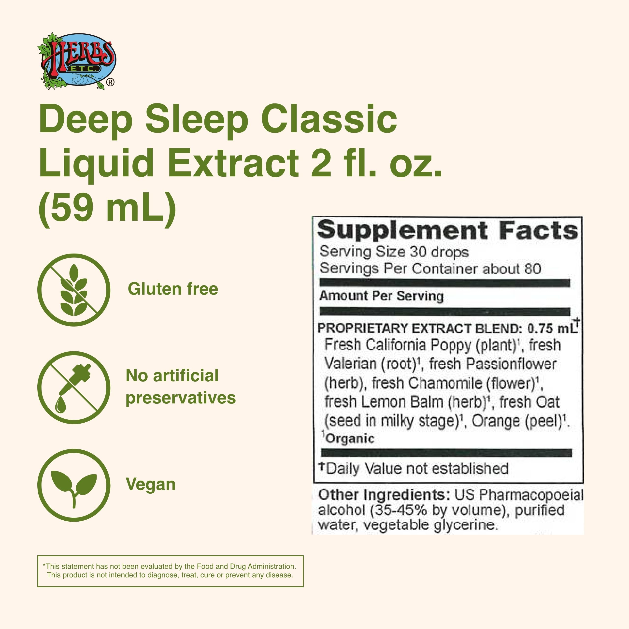 Herbs Etc. Deep Sleep étiquette claire pour utilisation nocturne