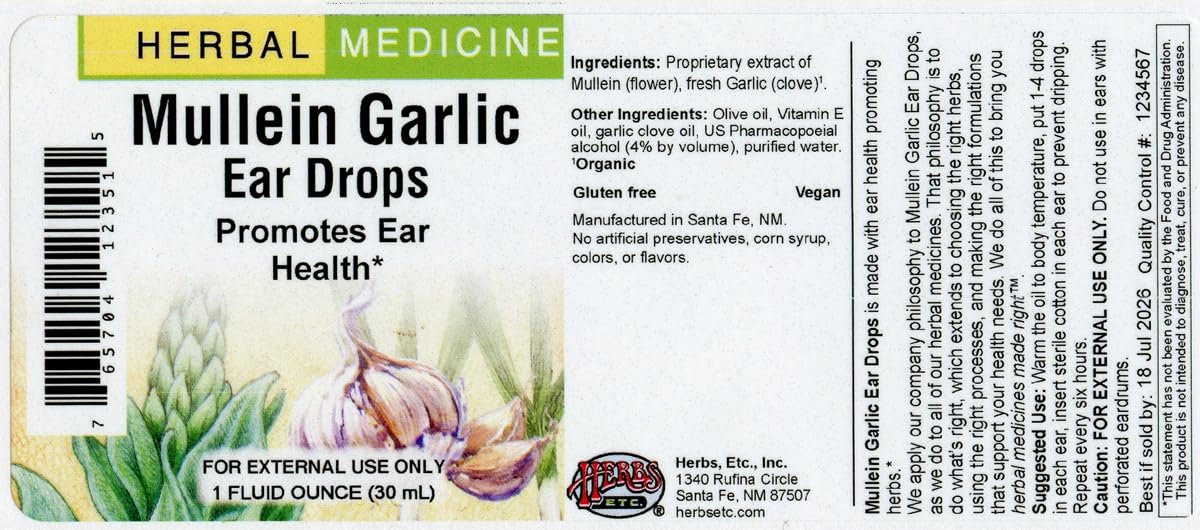 Herbs Etc. étiquette et flacon montrant la formule molene et ail.