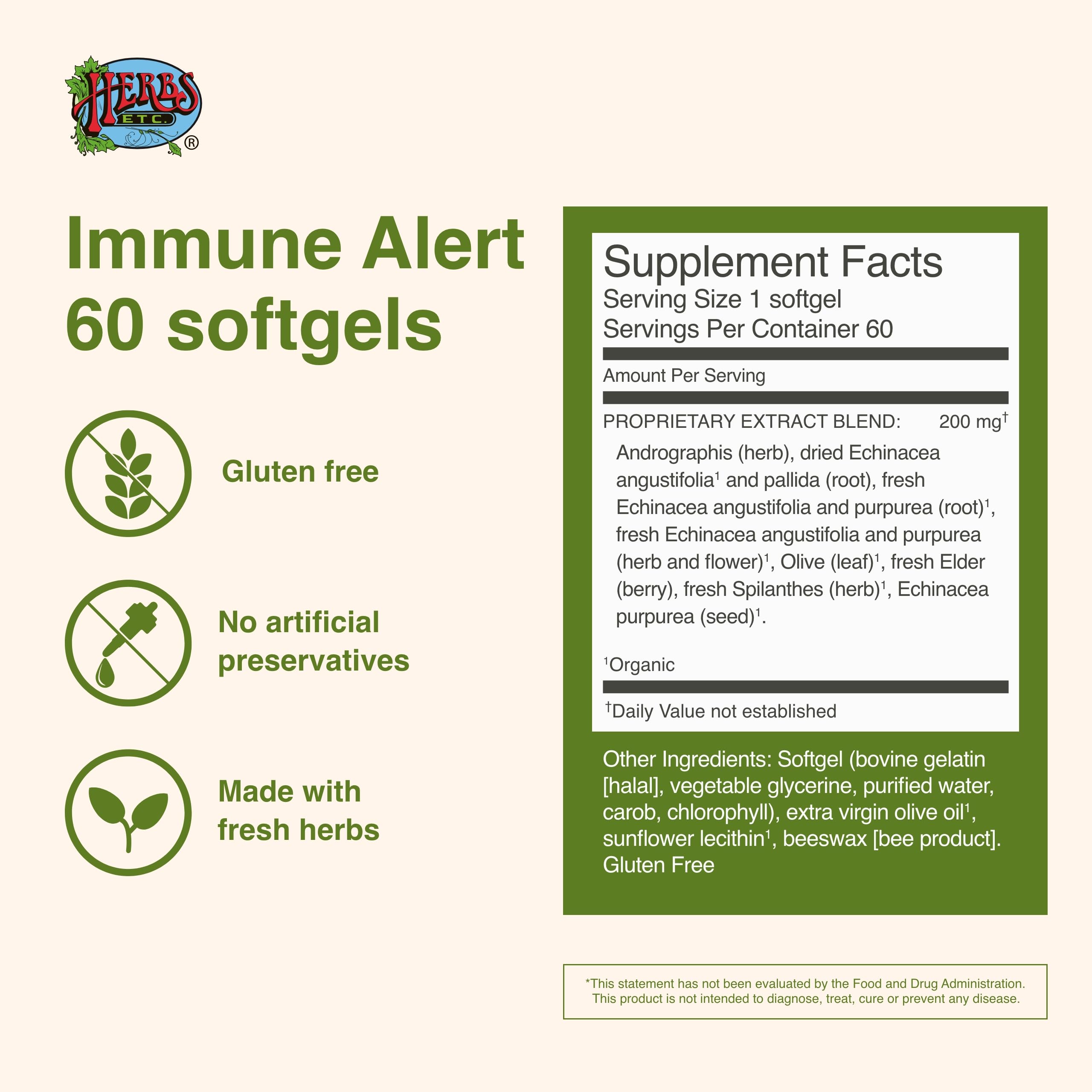 Étiquette Herbs Etc. Immune Alert montrant les plantes utilisées.