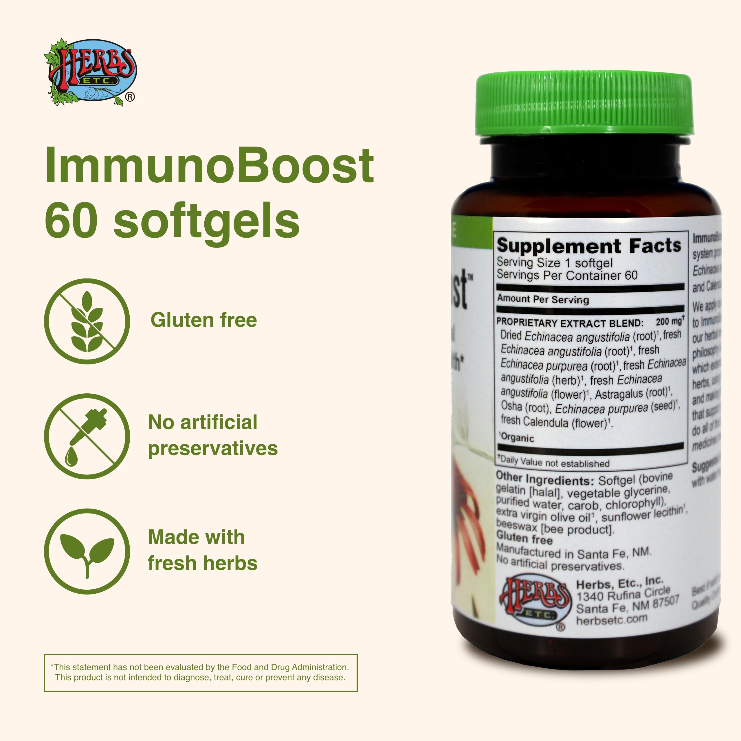 Immunoboost d'Herbs Etc. ingrédients clés echinacee astragale calendula.