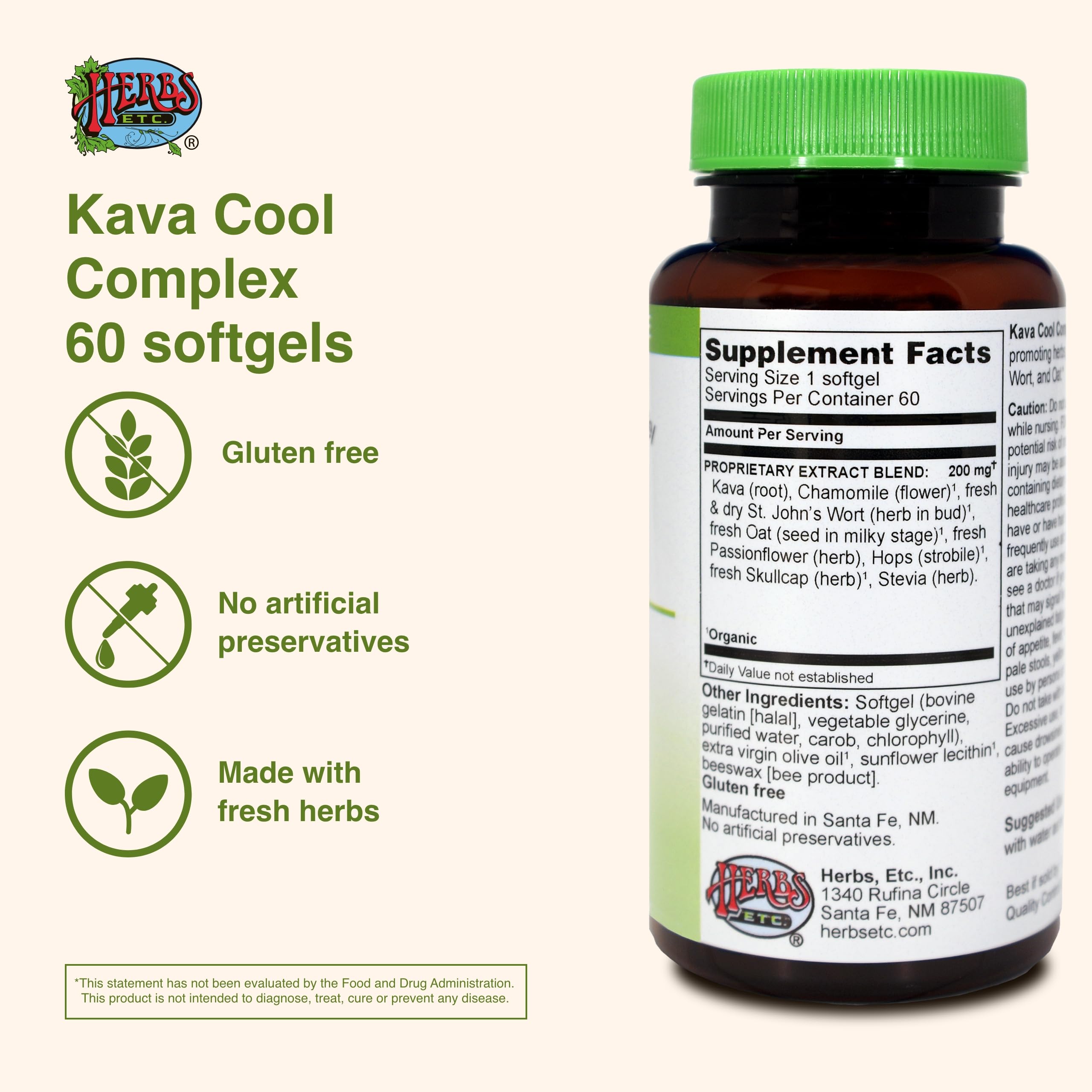 Herbs Etc. Kava Calm Complex — étiquette claire, informations sur l'utilisation.
