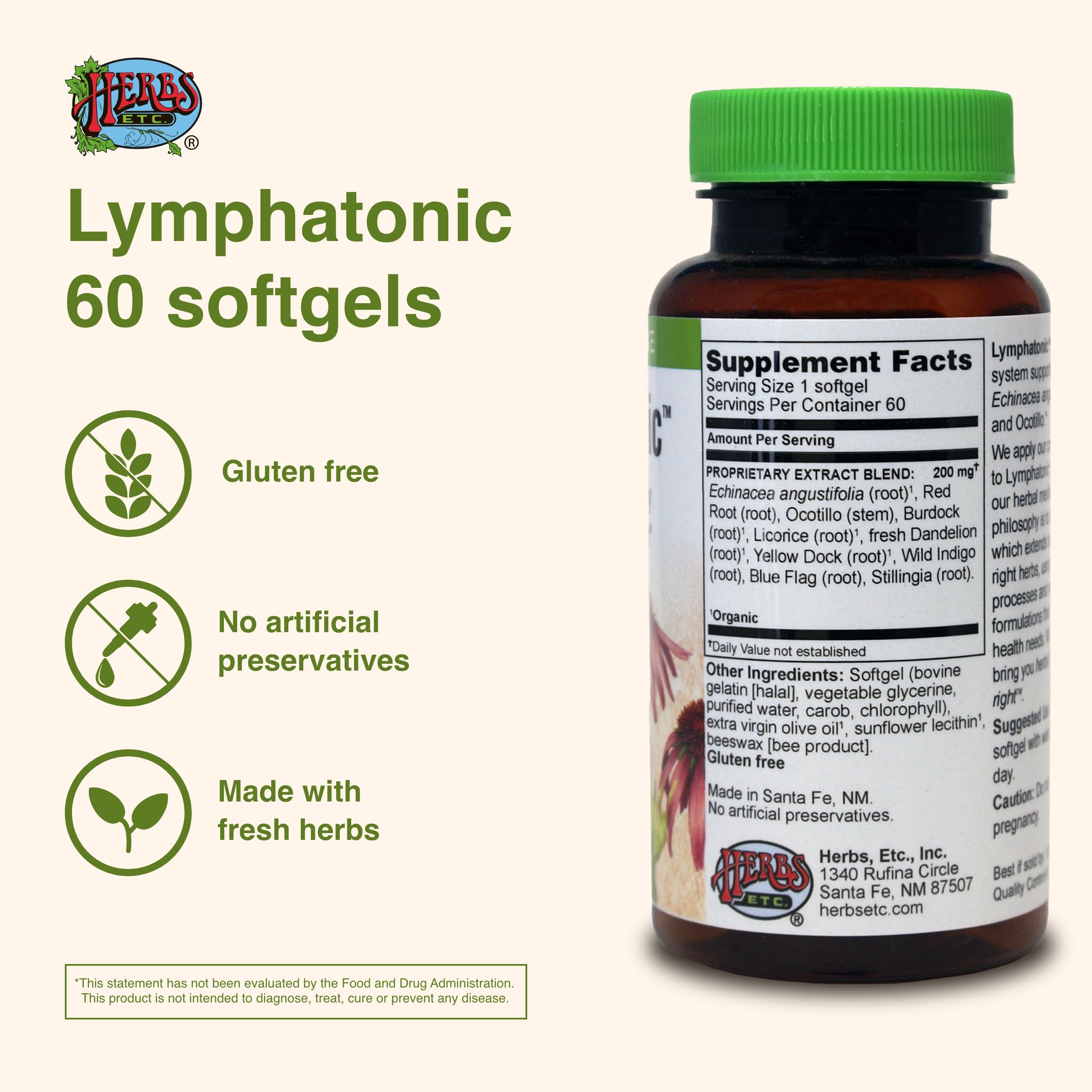 Herbs Etc. Lymphatonic – ingrédients biologiques et racines pour l'équilibre du réseau lymphatique.