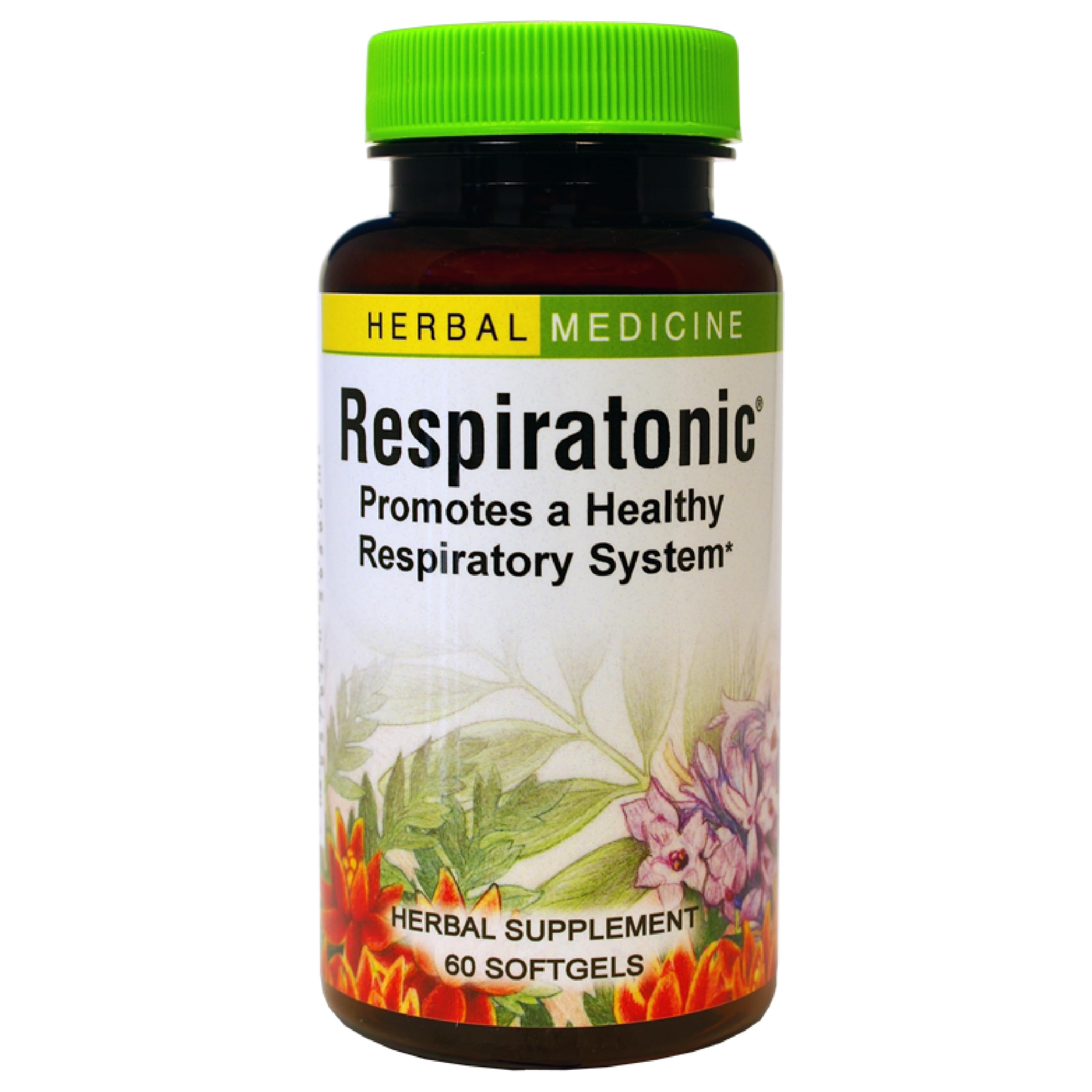 Respiratonic d'Herbs Etc., bouteille 60 gélules molles prête à être utilisée.