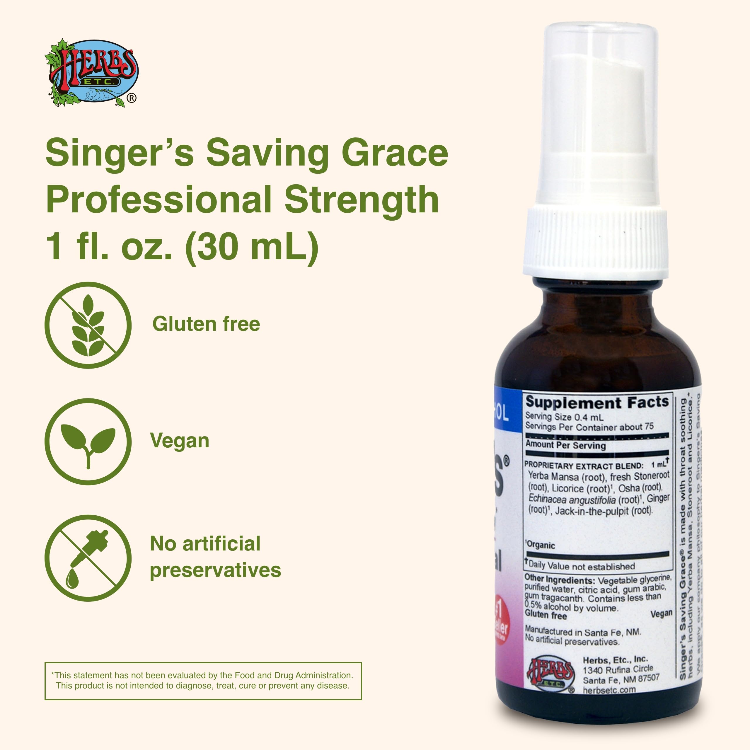 Herbs Etc. Singer's Saving Grace – Bouteille compacte: usage rapide et pratique en déplacement.