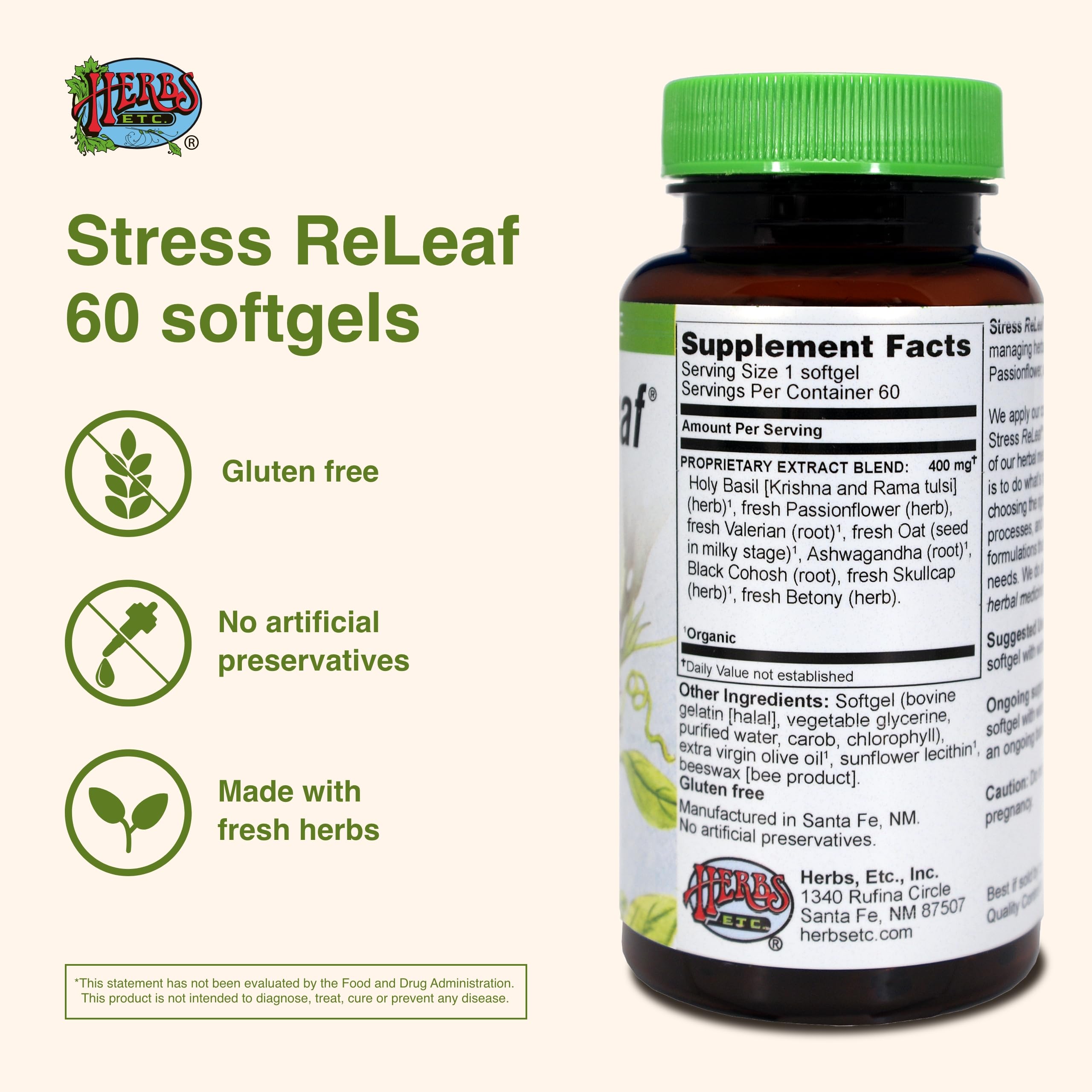 Herbs Etc. Stress ReLeaf : gélules ouvertes suggérant une prise quotidienne pour le calme