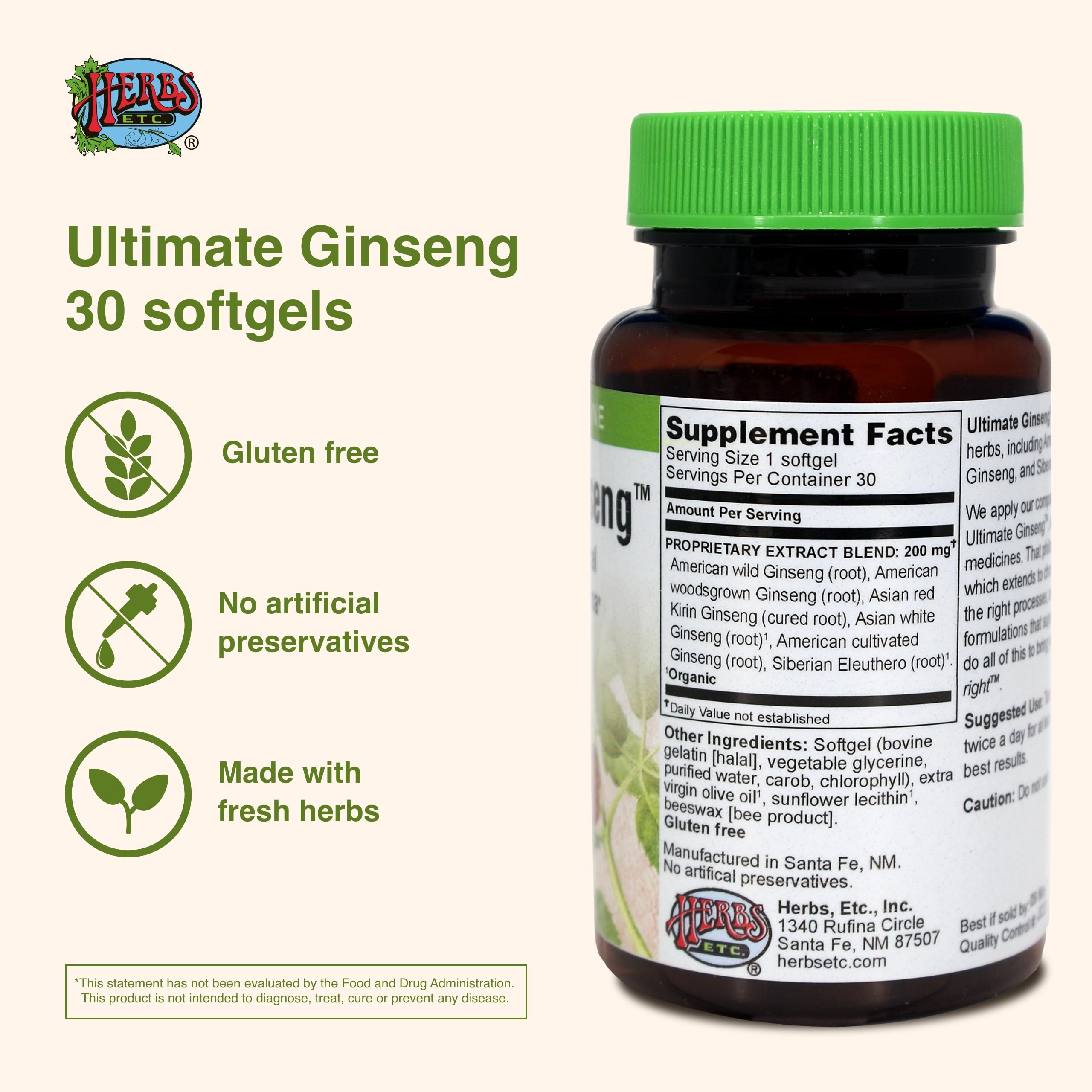 Herbs Etc. Ultimate Ginseng Softgels, sans gluten, routine quotidienne fiable.