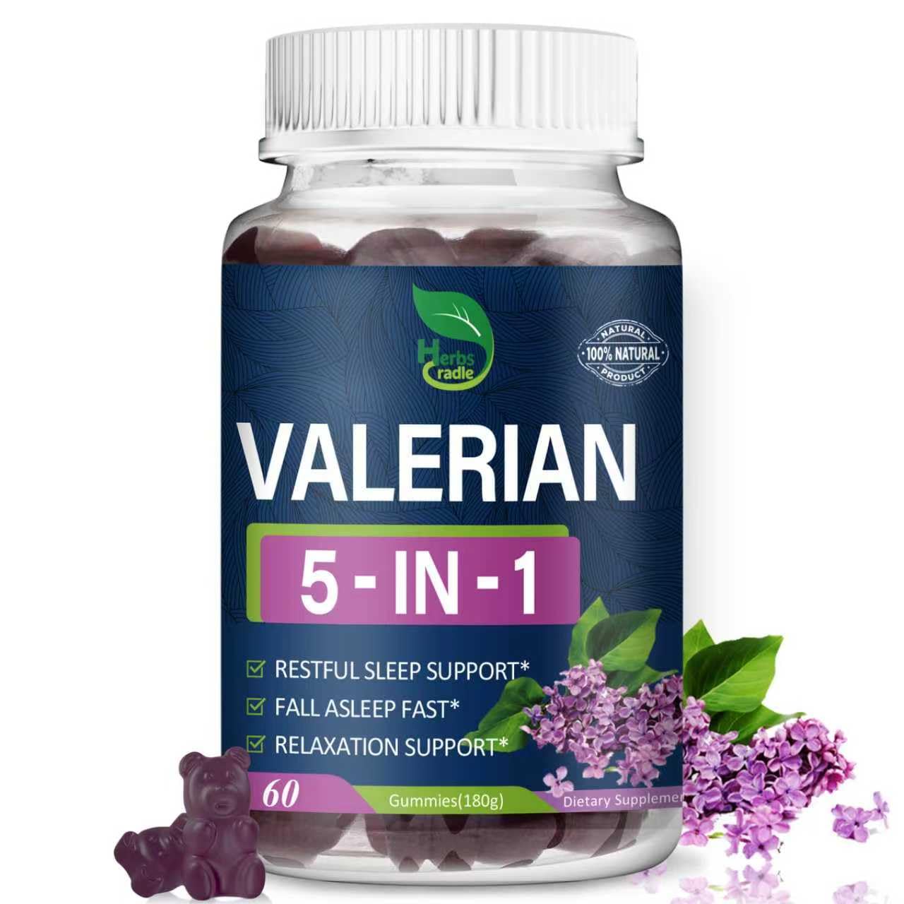 Gommes Herbescradle valeriane dans le flacon, soutien potentiel au sommeil.