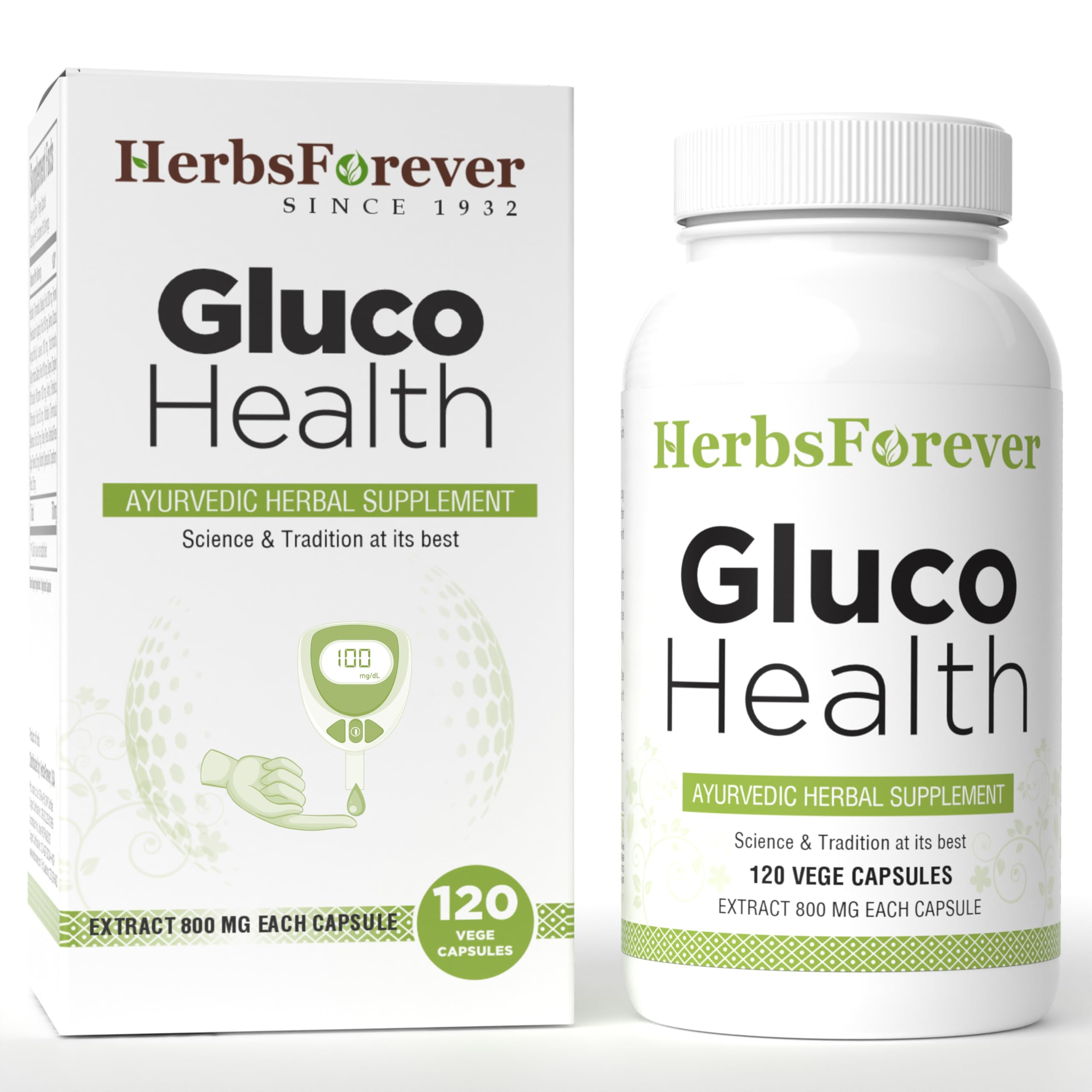 HerbsForever Gluco Health – bouteille montrant les pilules, soutien glycémique potentiel.