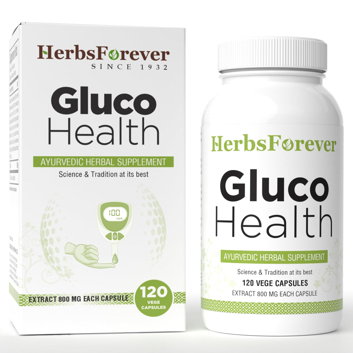 HerbsForever Gluco Health – bouteille montrant les pilules, soutien glycémique potentiel.