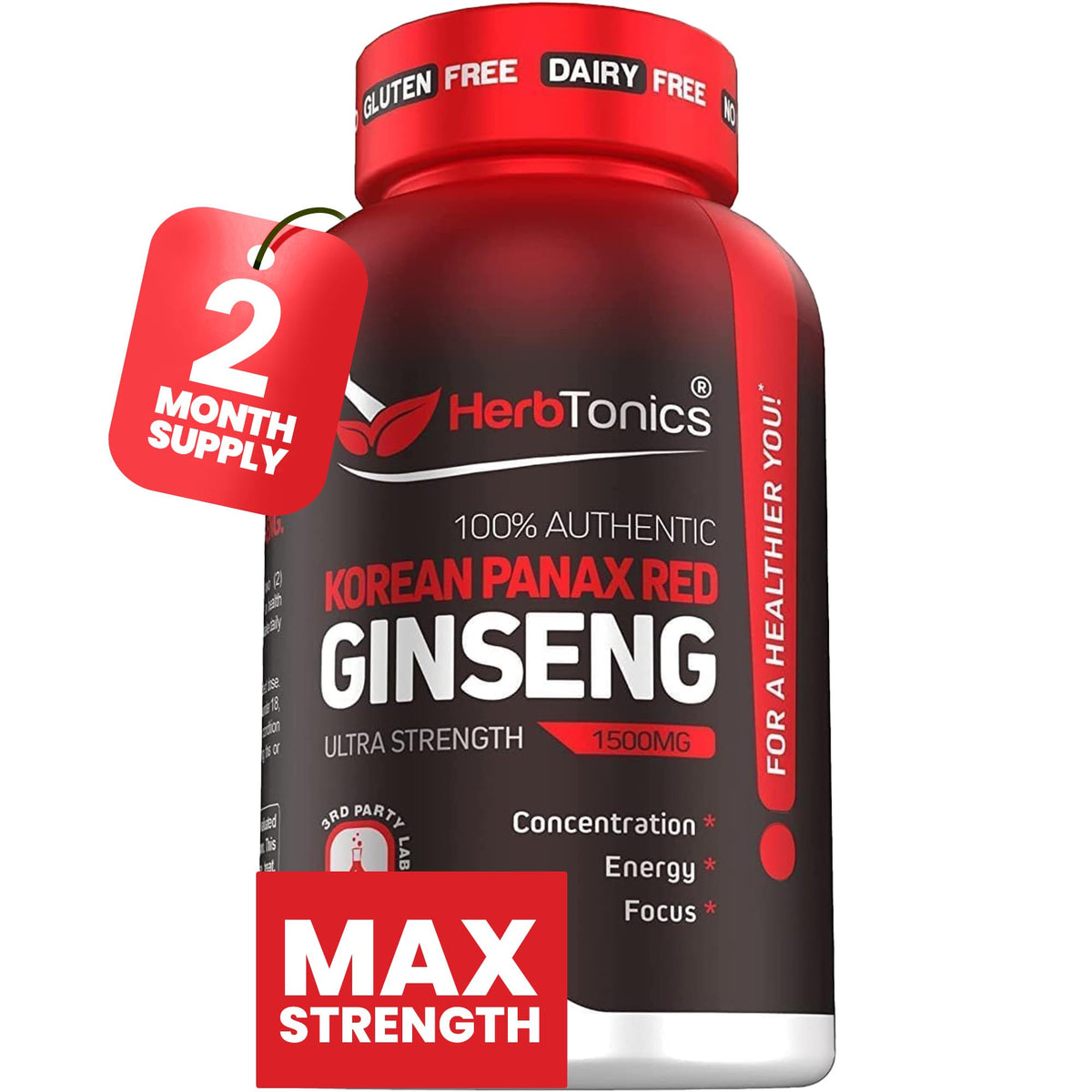 Herbtonics ginseng rouge 1500 mg : flacon élégant favorisant énergie naturelle durable