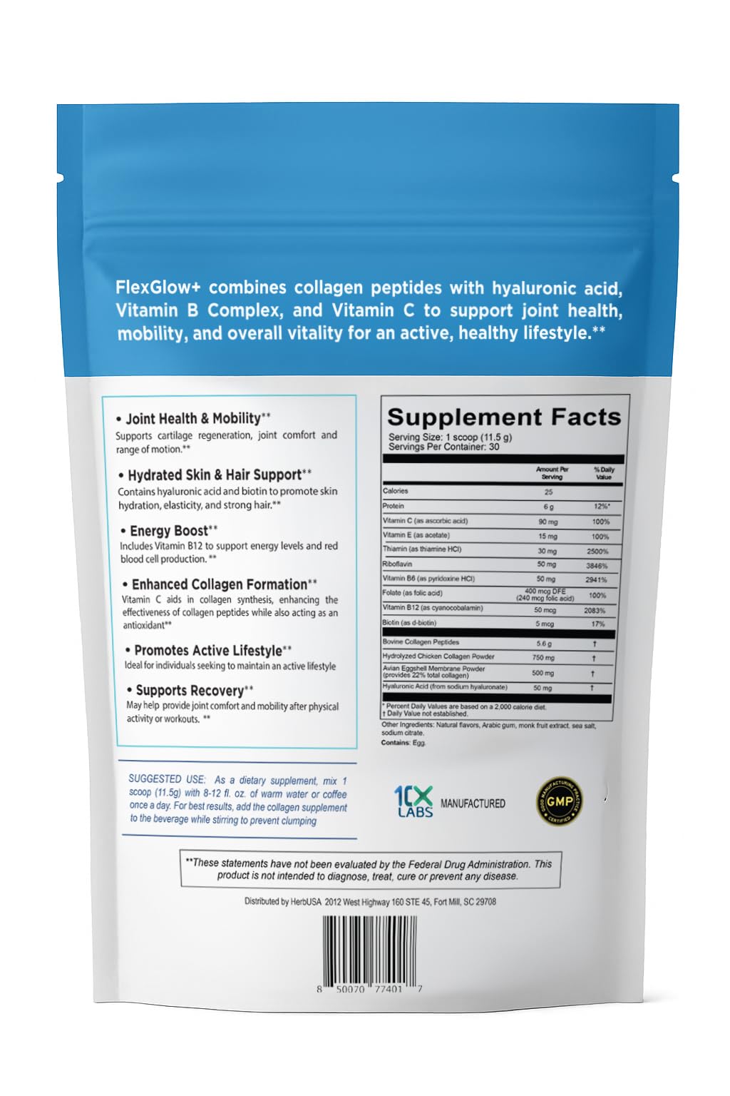HerbUSA FlexGlow+ Collagene – cuillere-dose et melange rapide dans cafe pour hydratation.
