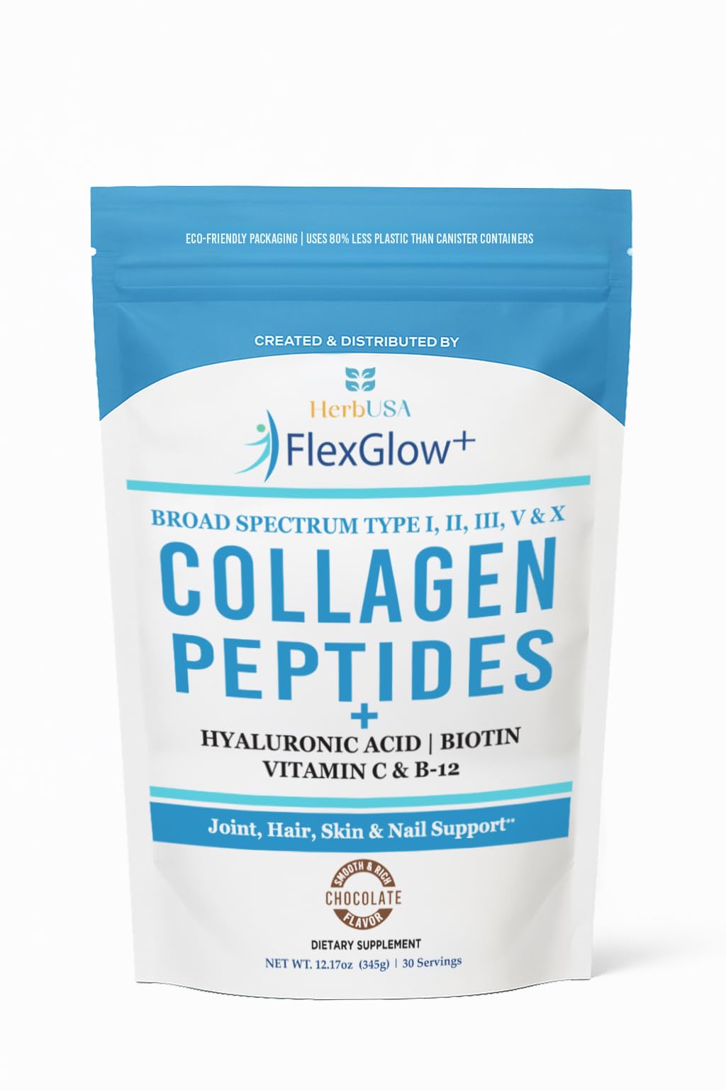 HerbUSA FlexGlow+ Collagene – emballage pratique et dosage facile pour un apport régulier.