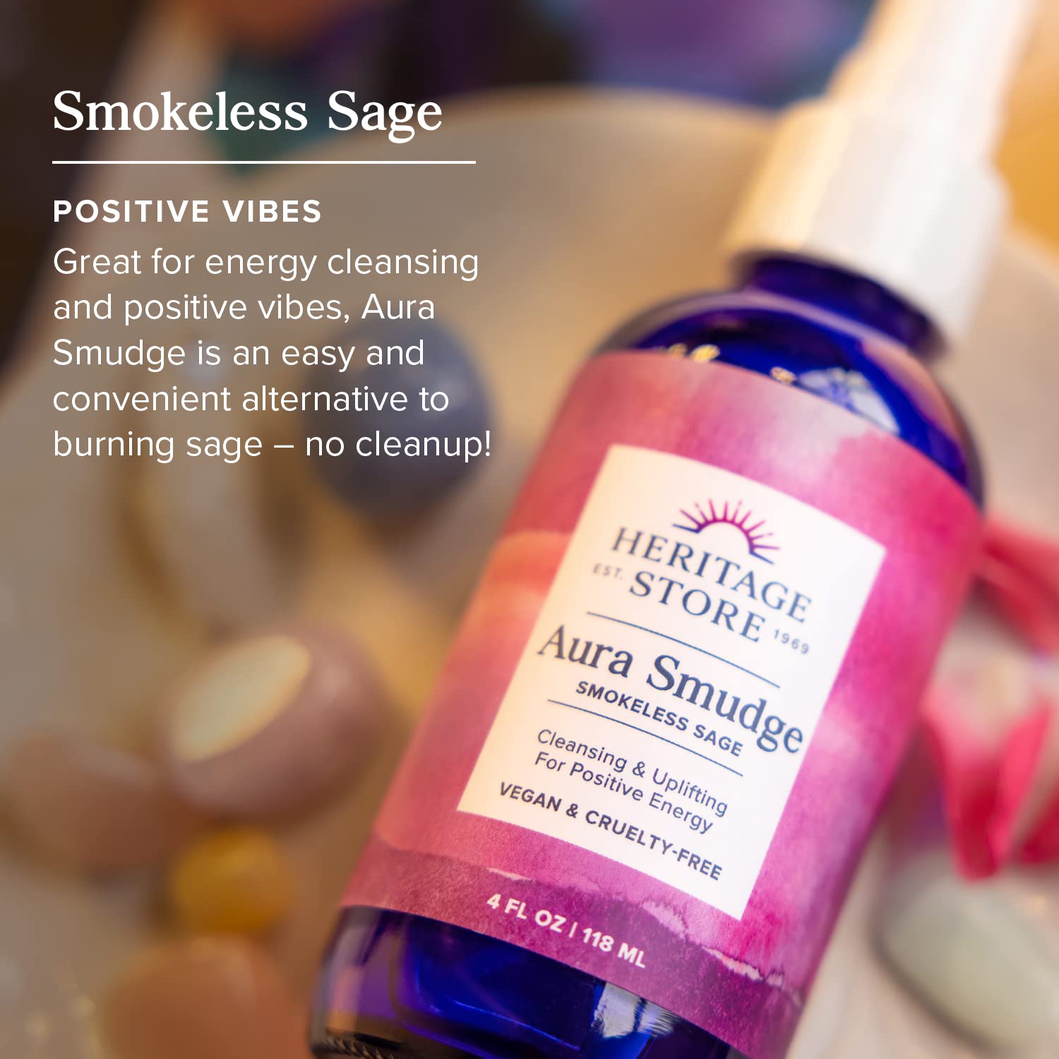 Aura Smudge Heritage Store: genévrier et huiles essentielles pour une atmosphère revigorante.
