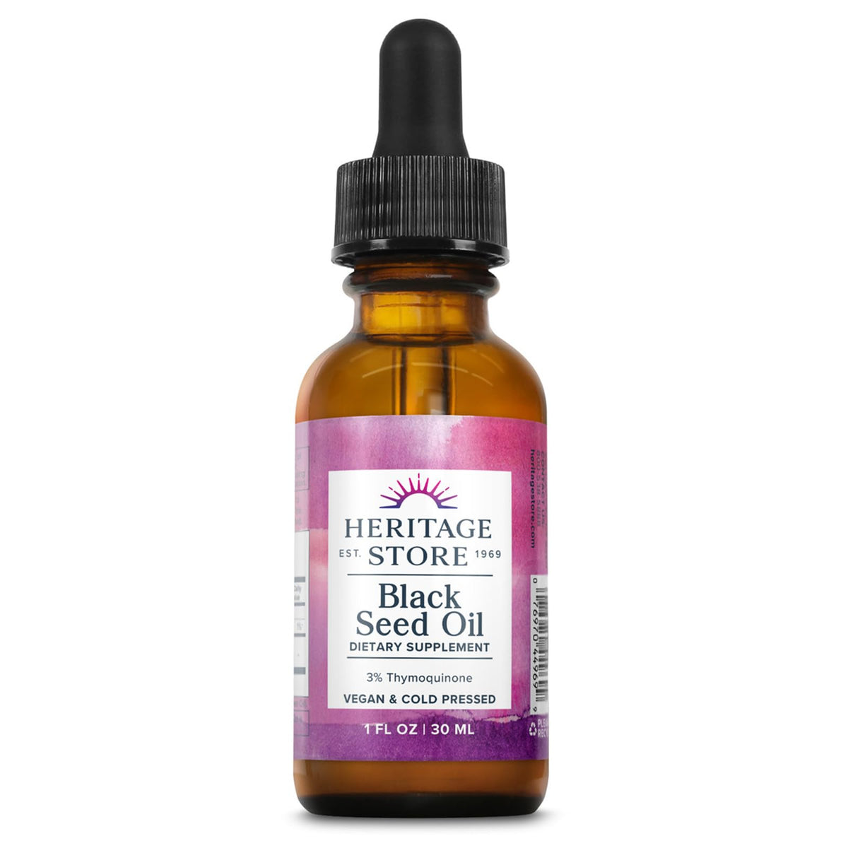 HERITAGE STORE huile de nigelle, bouteille ambrée préservant fraîcheur et arôme naturel.