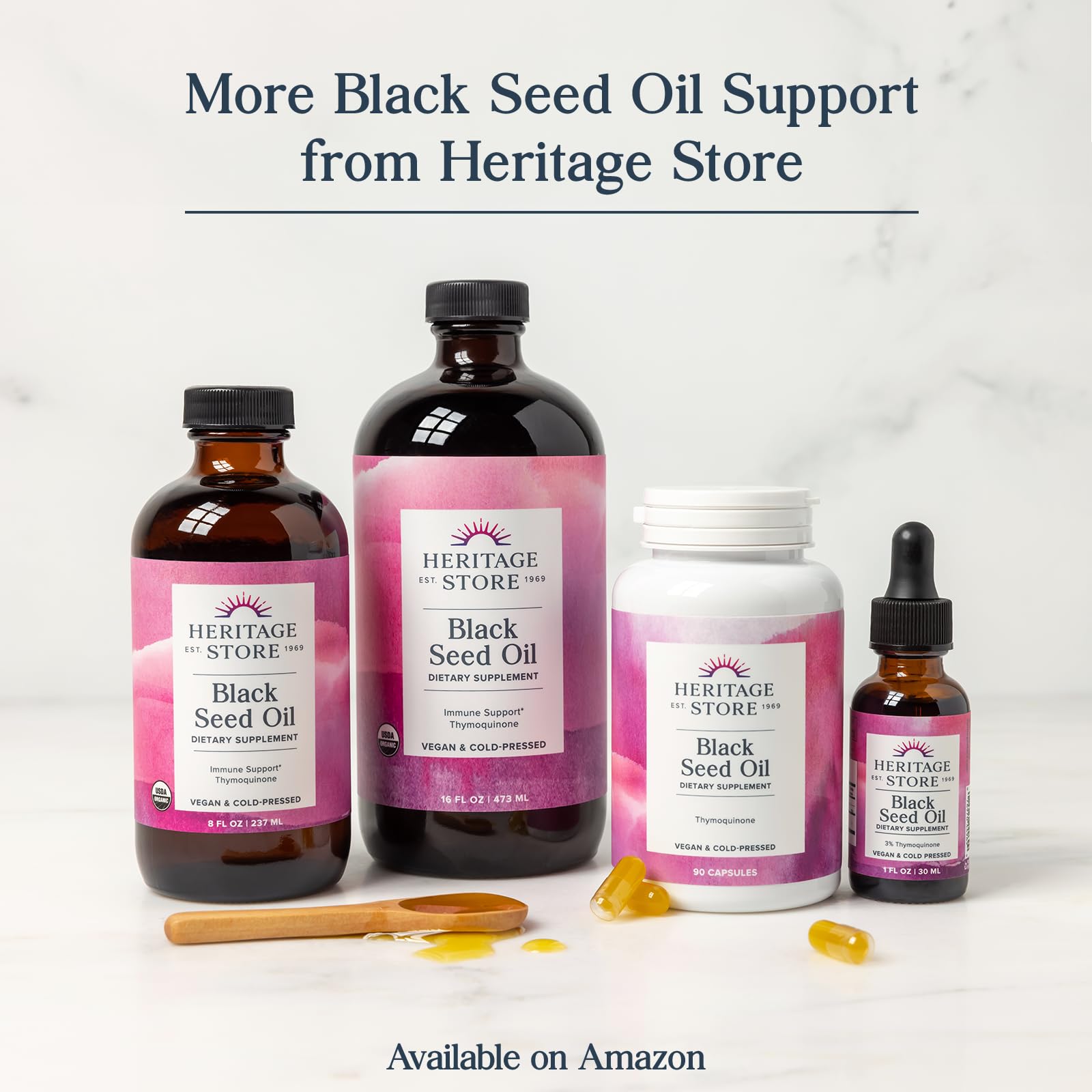 HERITAGE STORE huile noire de nigelle – emballage biologique respectueux de l’environnement.