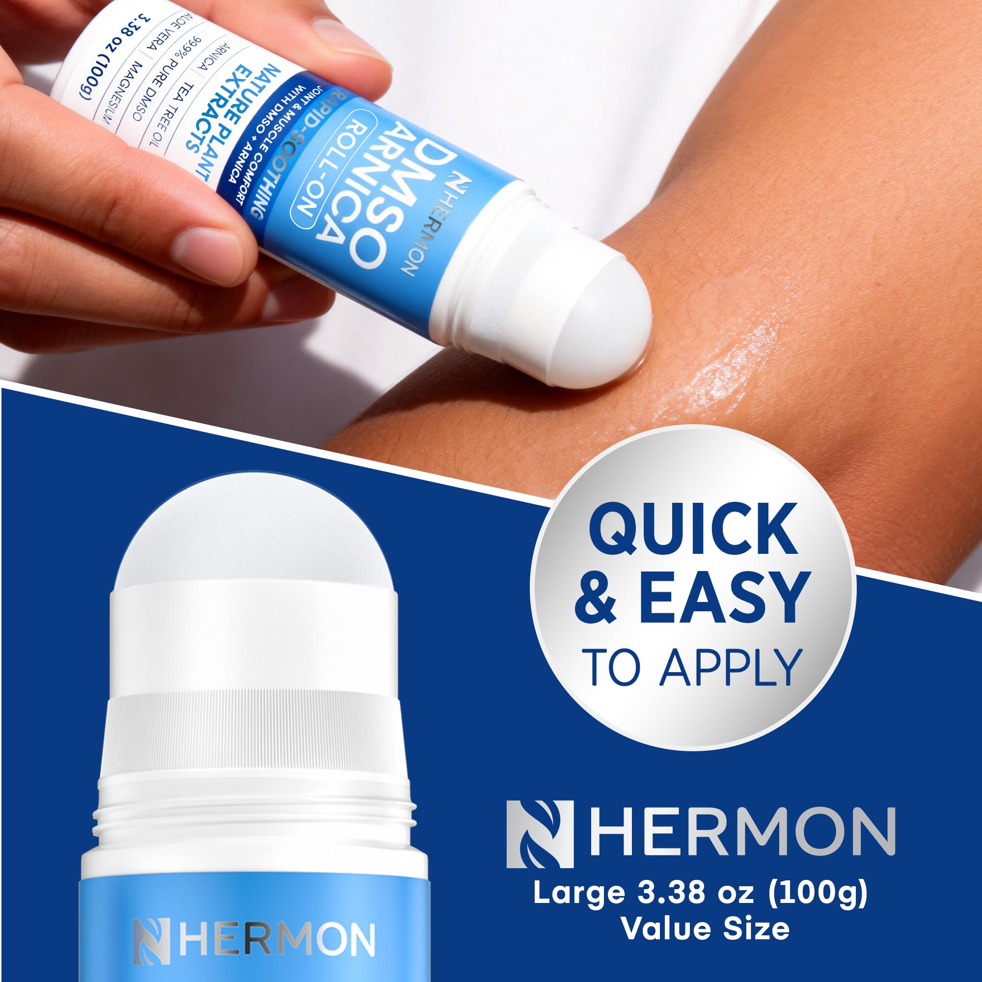 Absorption rapide sans film collant avec Hermon DMSO Arnica Roll-On.