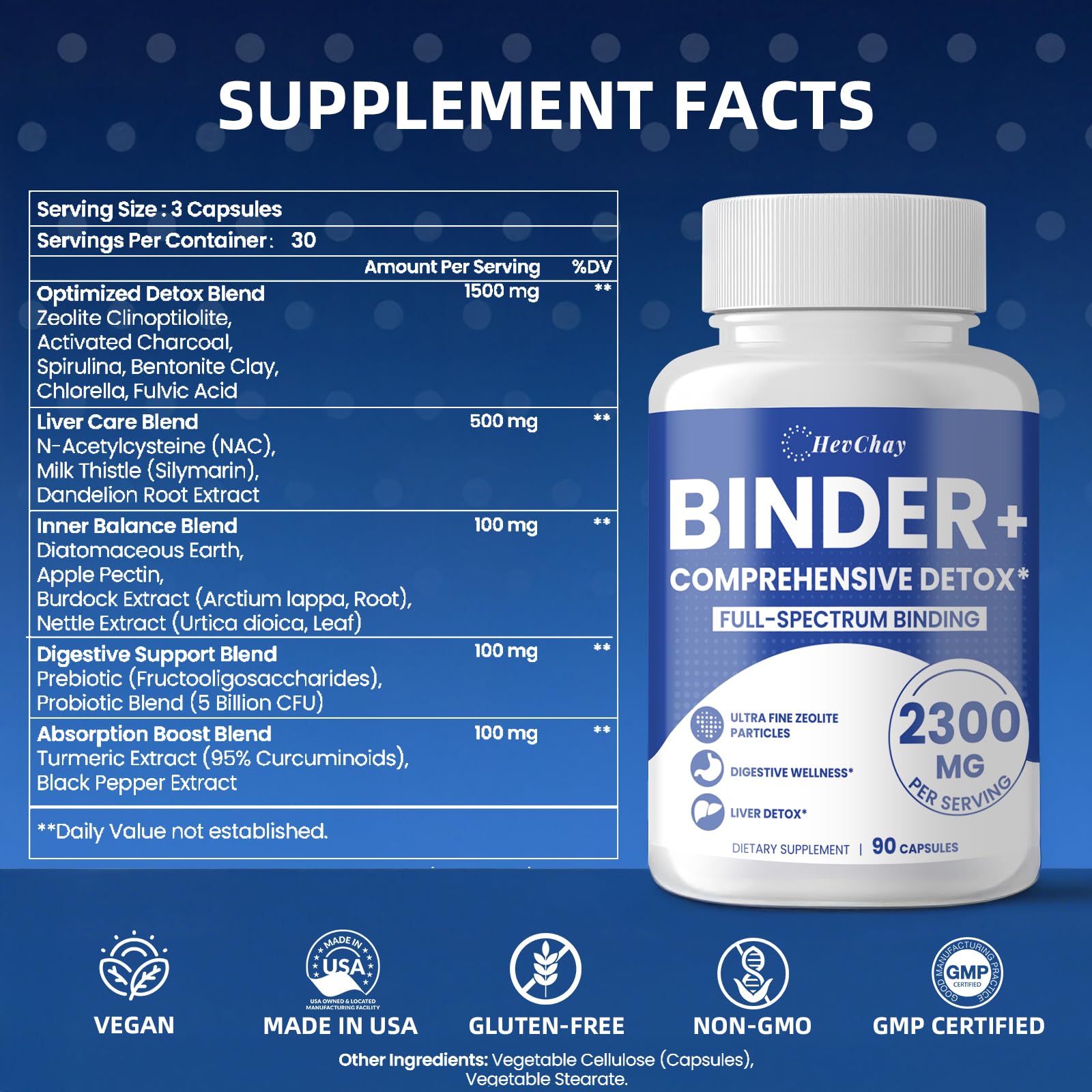 HevChay Detox Binder gélules vegan faciles à avaler pour la digestion