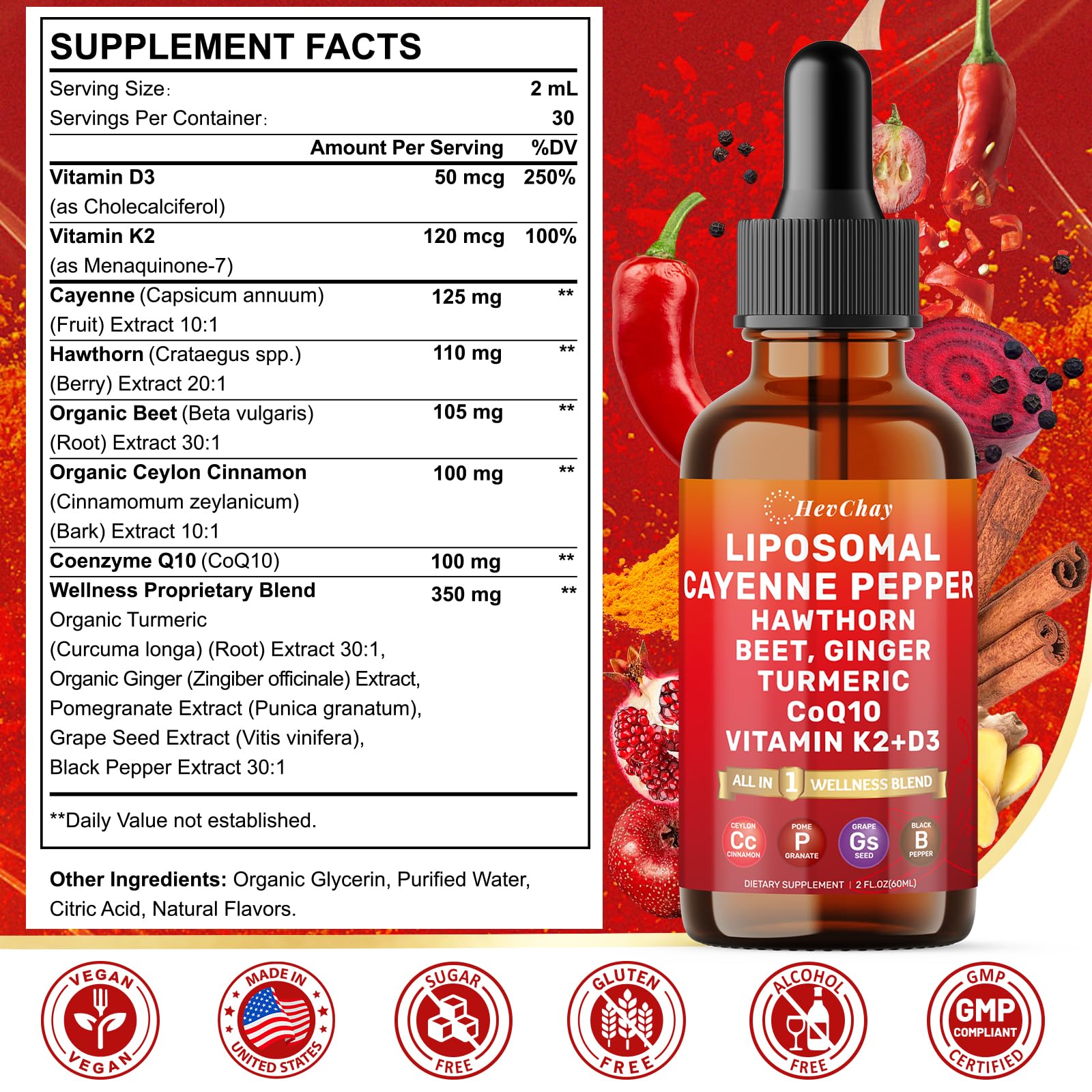 Extrait d’aubépine HevChay en flacon 2oz, soutien quotidien.
