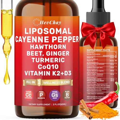 Gouttes Cayenne liposomales HevChay sur flacon 2oz, absorption potentielle et énergie.