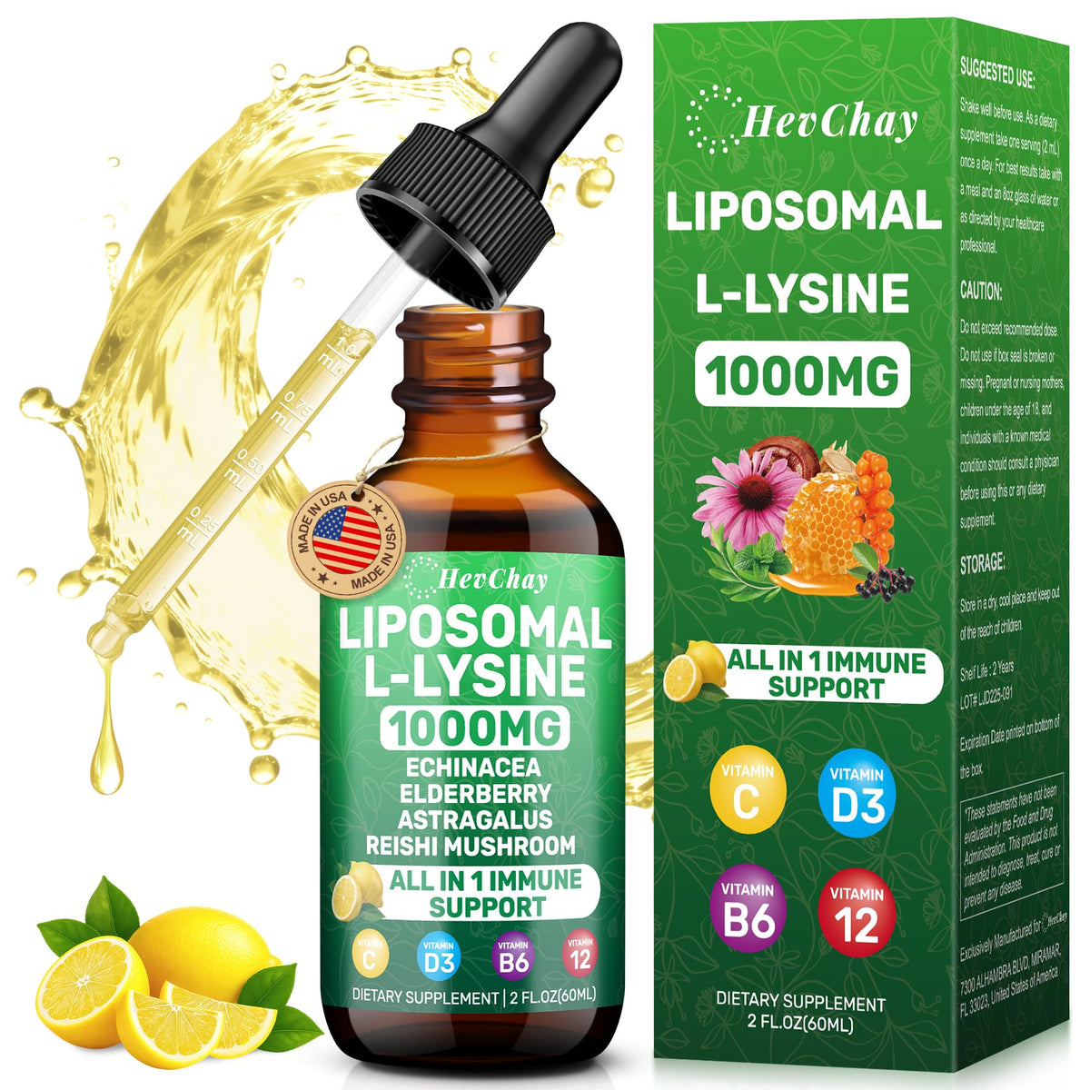 Bouteille HevChay Lysine liposomal prête pour usage quotidien.