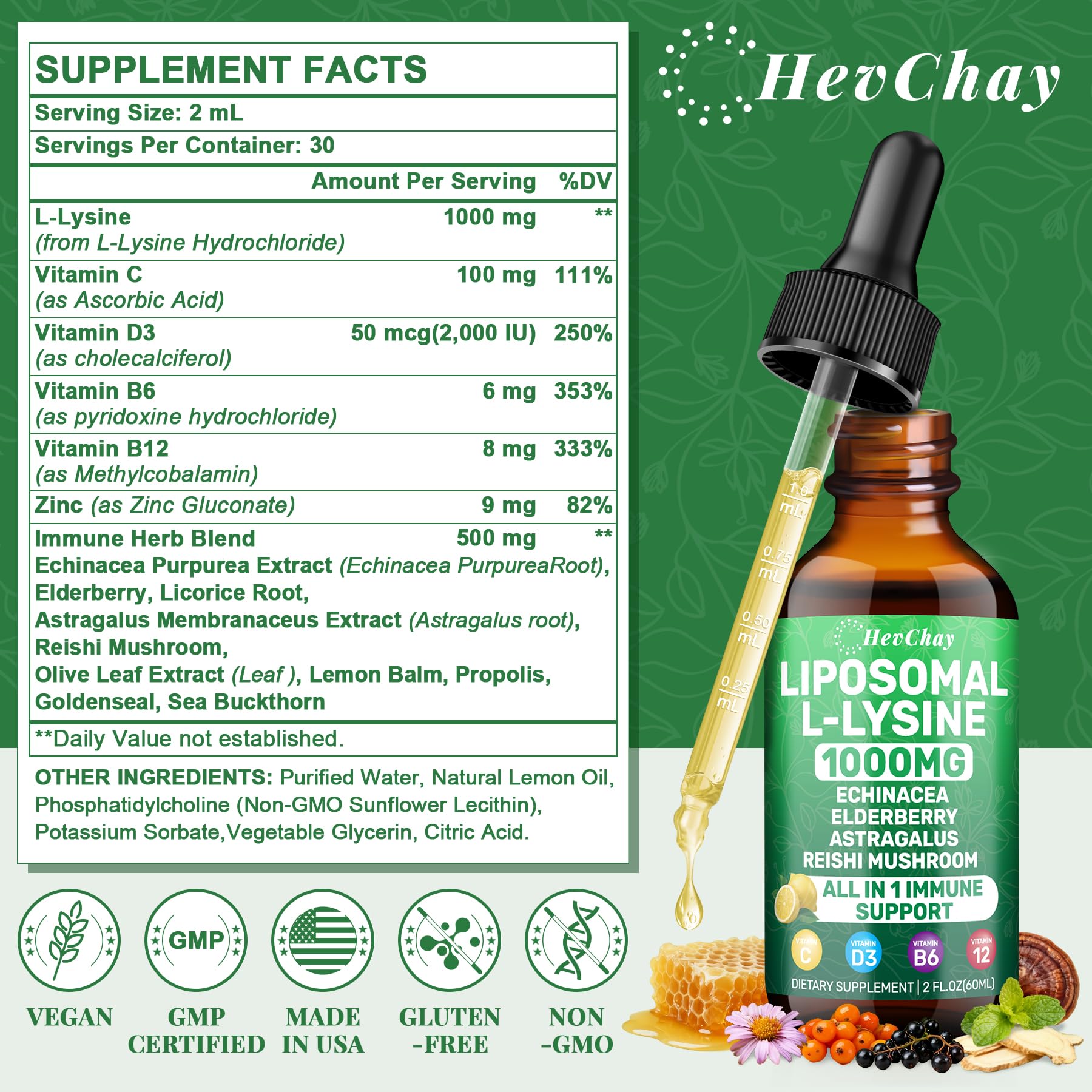 Gouttes HevChay Lysine liposomal avec pipette mesurable.