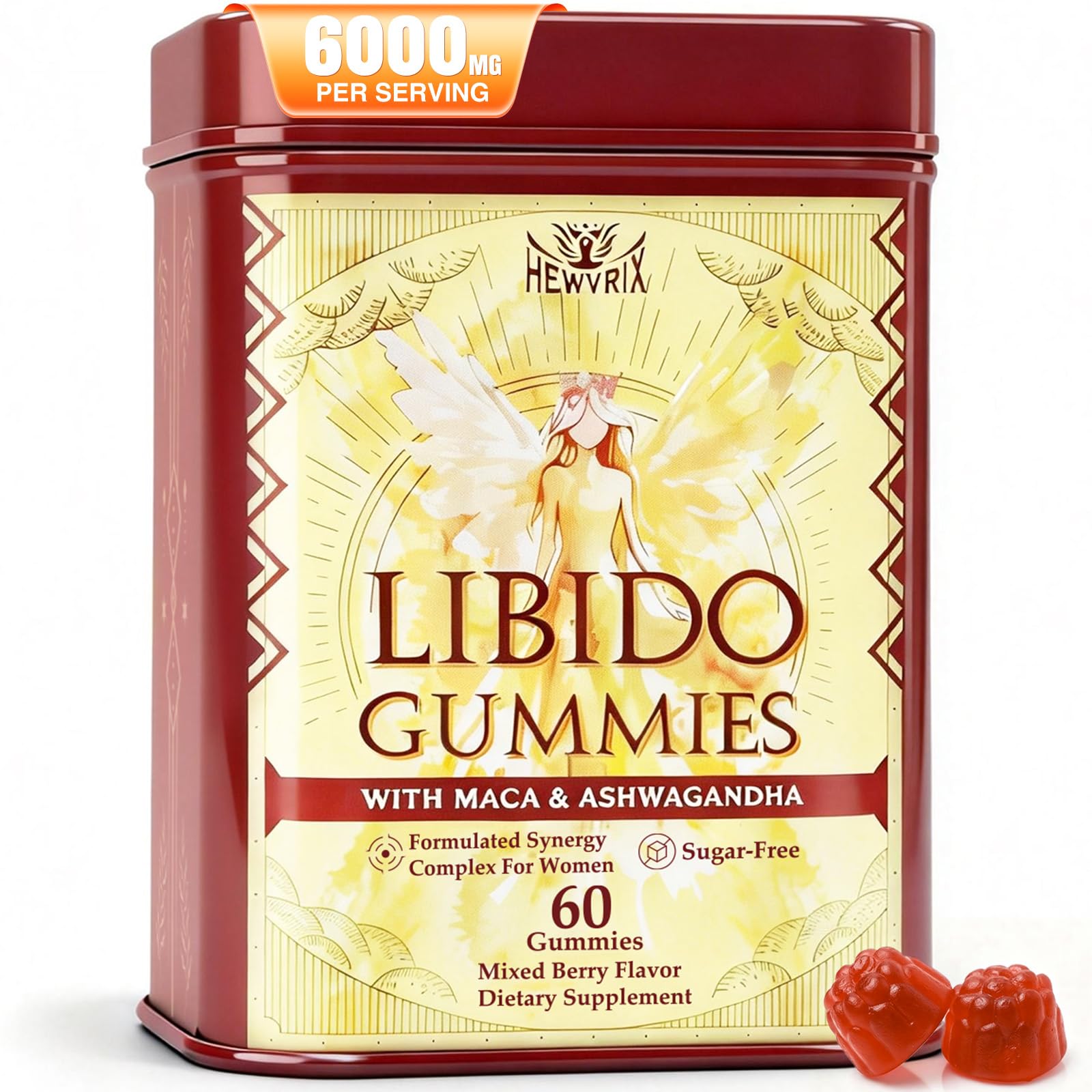 Hewvrix Libido Booster femmes – bouteille 60 gommes, Maca et Ashwagandha, énergie et bien-être.