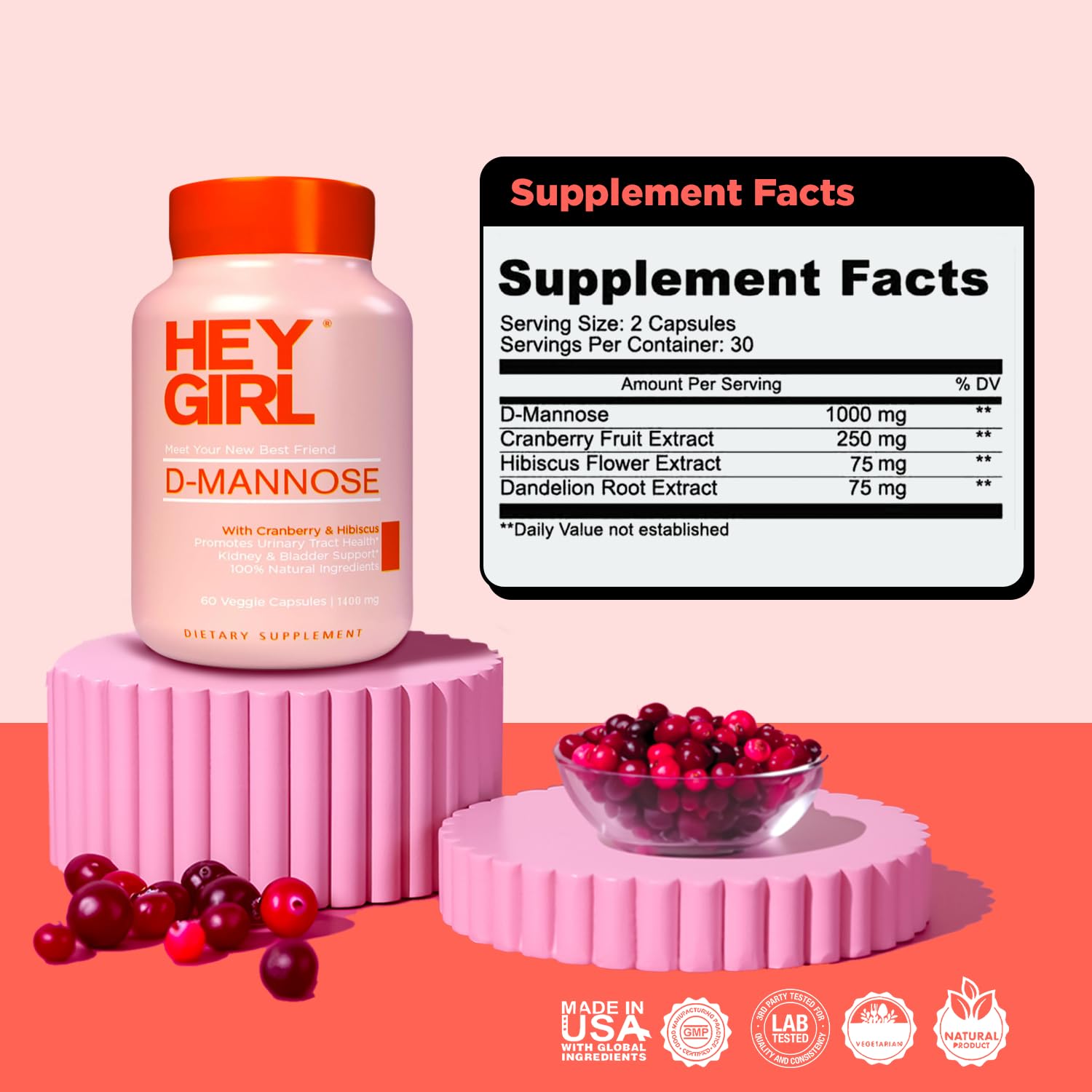 HEY GIRL NUTRITION D‑MANNOSE gros plan sur les capsules et leur facilité d'emploi.