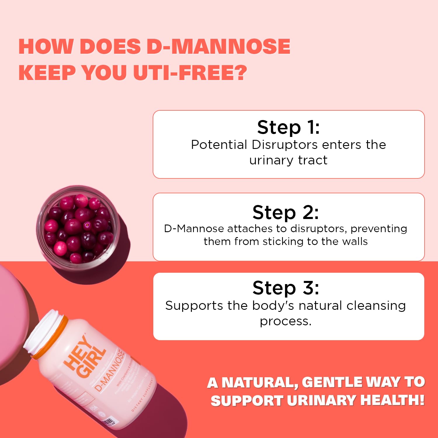 HEY GIRL NUTRITION D‑MANNOSE extrait de canneberge pour l'équilibre urinaire potentiel.