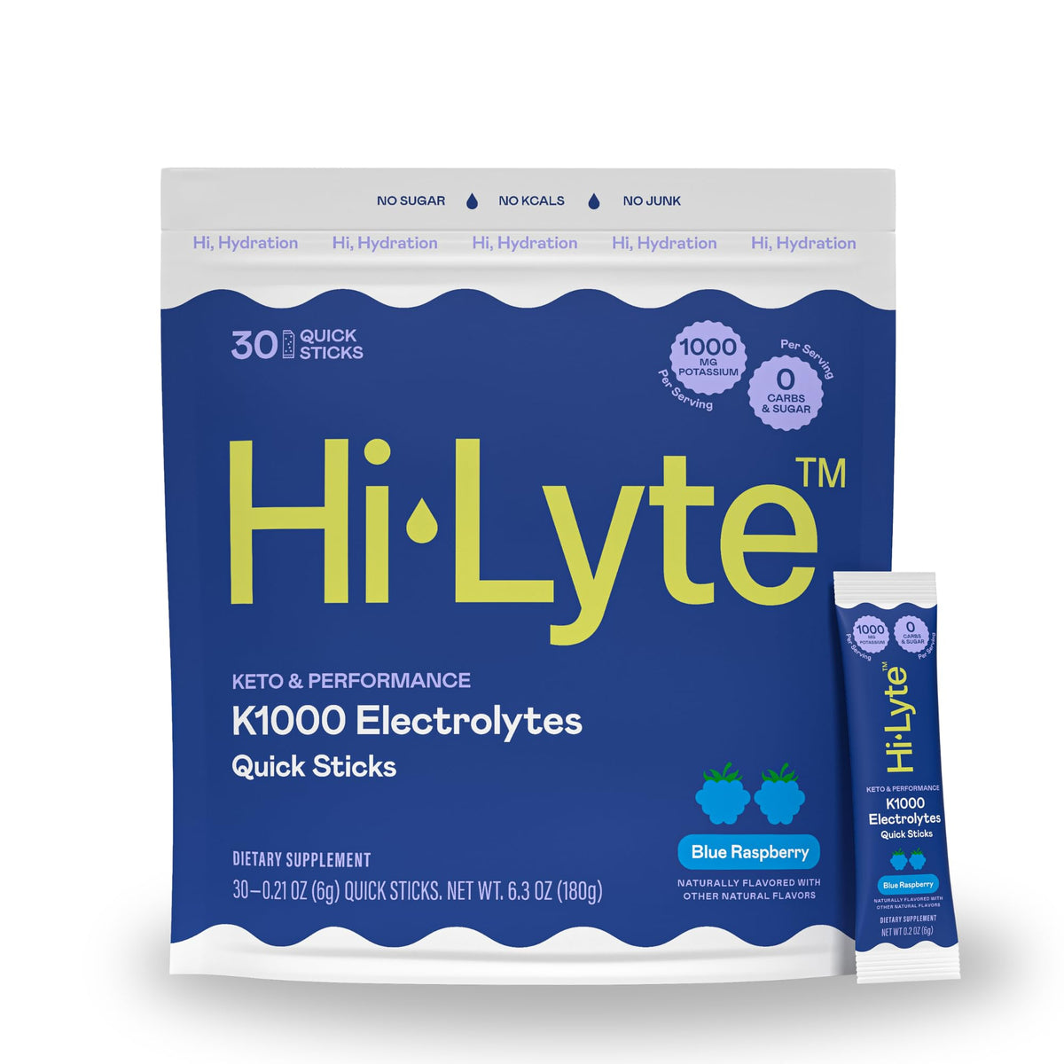 Hi-Lyte K1000 sachets framboise bleue, hydratation pratique lors des déplacements.