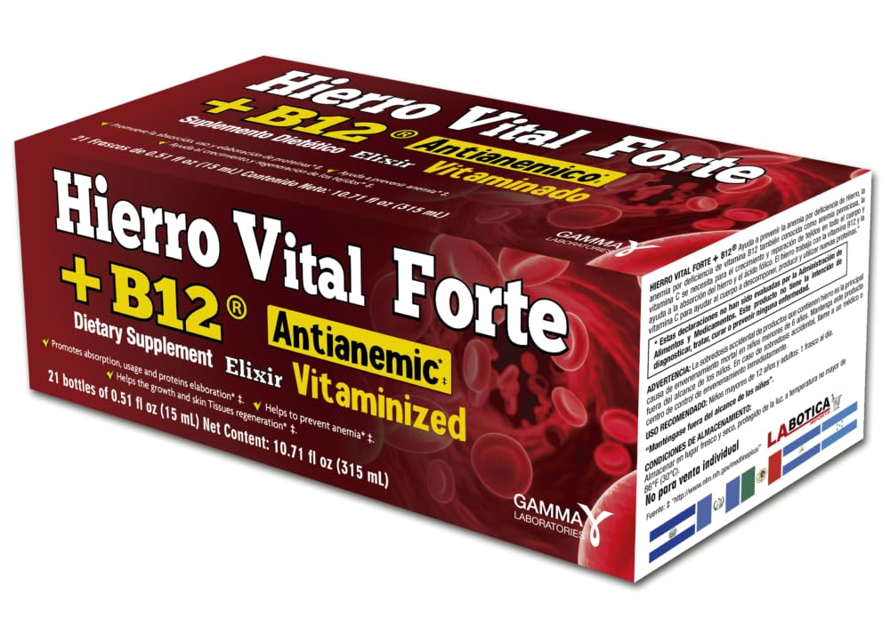 HIERRO VITAL FORTE elixir en bouteille ouverte, énergie quotidienne et absorption améliorée.