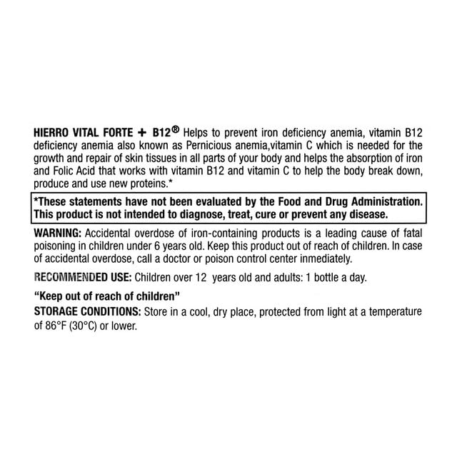 Emballage de 21 bouteilles HIERRO VITAL FORTE + B12, ingrédients de haute qualité pour le quotidien.