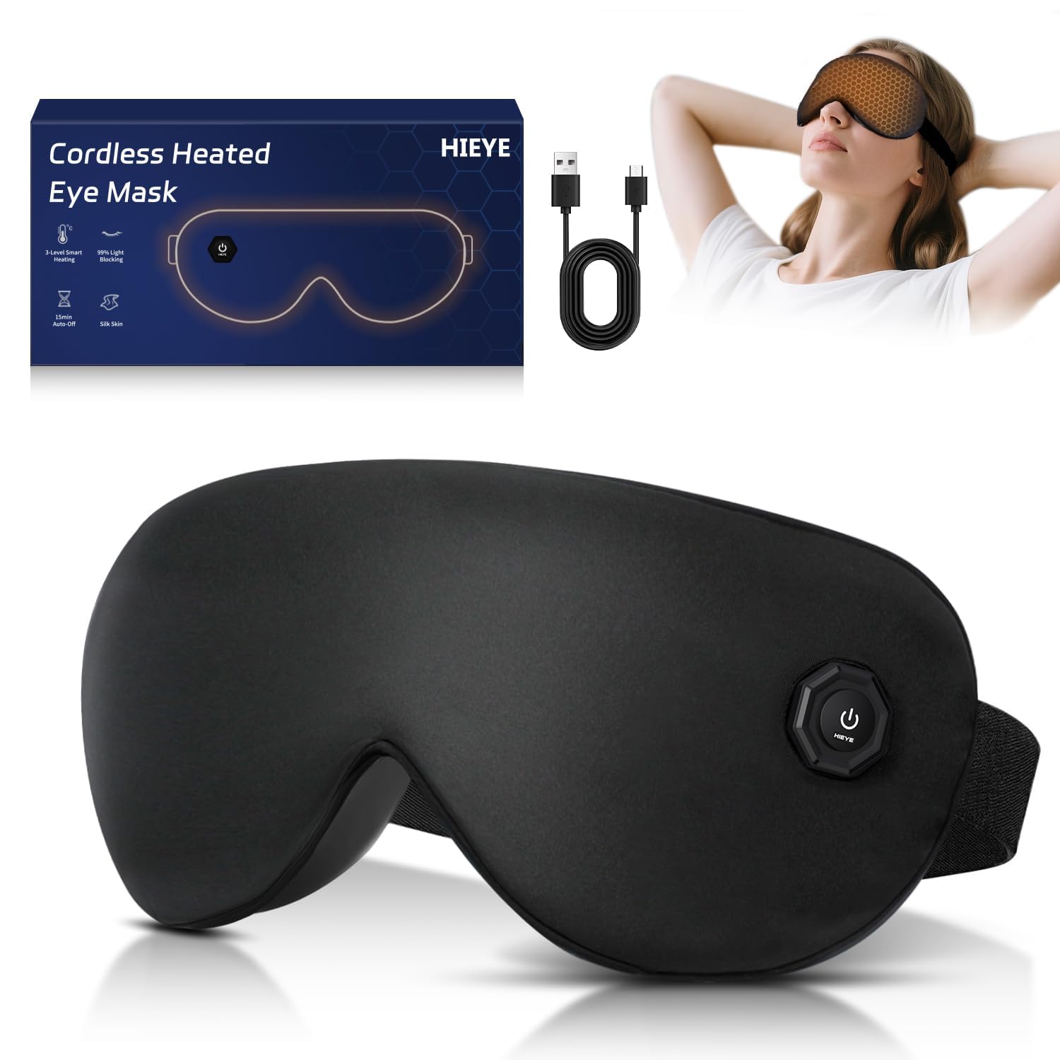HIEYE masque yeux chauds sans fil – chaleur apaisante pour fatigue oculaire.