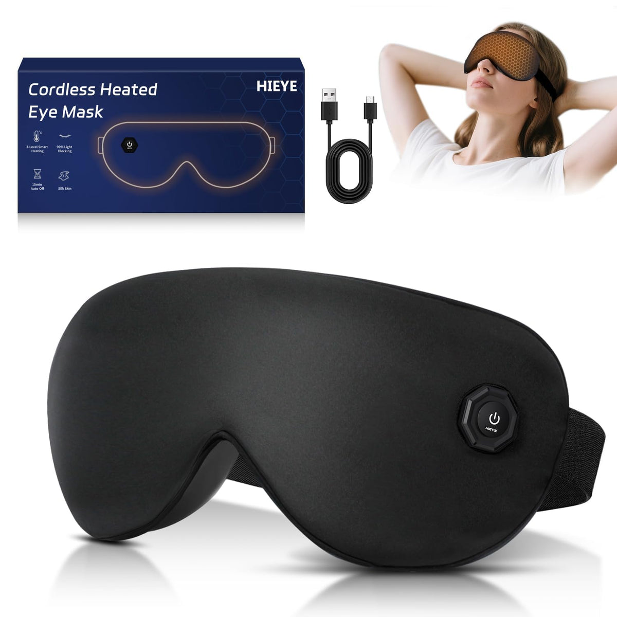 HIEYE masque yeux chauds sans fil – chaleur apaisante pour fatigue oculaire.