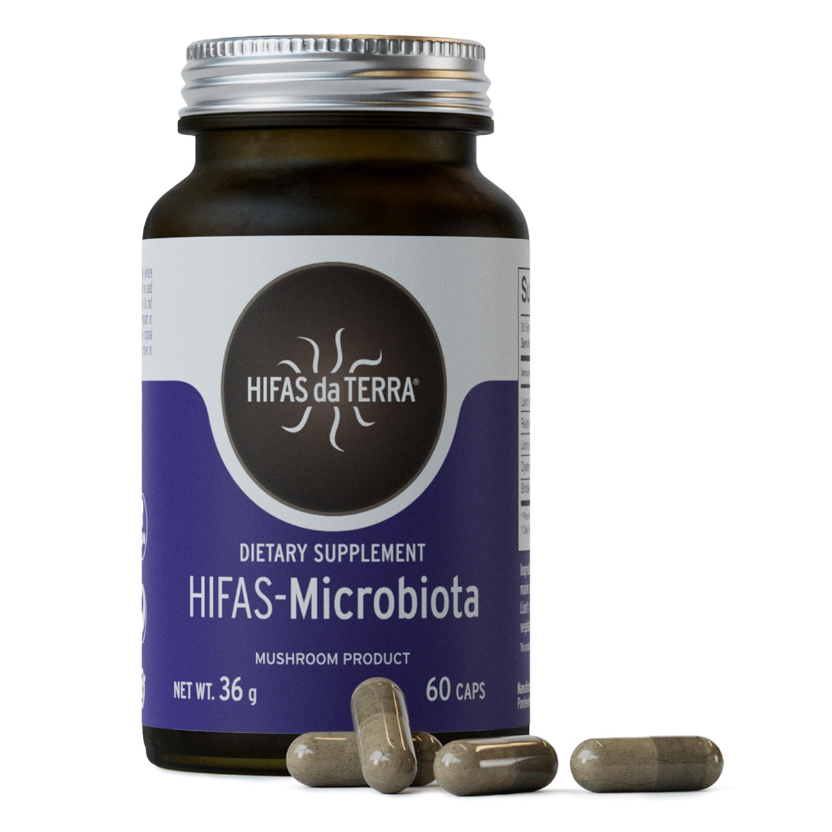 Boîte de HIFAS-MICROBIOTA par HIFAS DA TERRA, capsules pratiques pour une utilisation quotidienne.