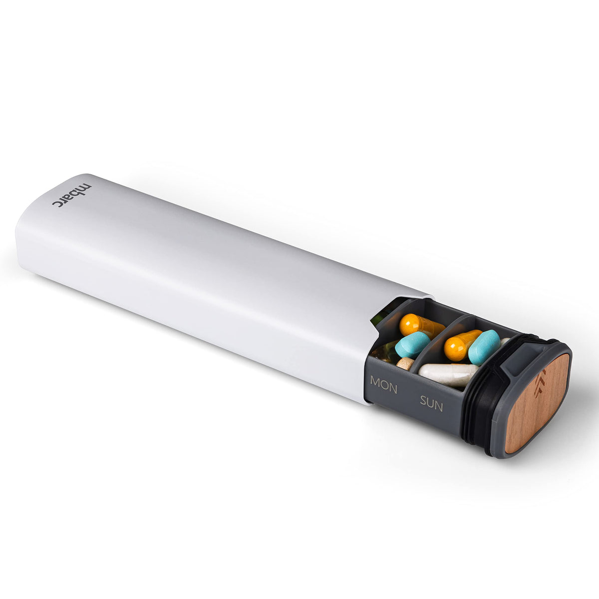 HigherHuman organisateur pilules semaine7 jours en aluminium et bois, pratique en voyage