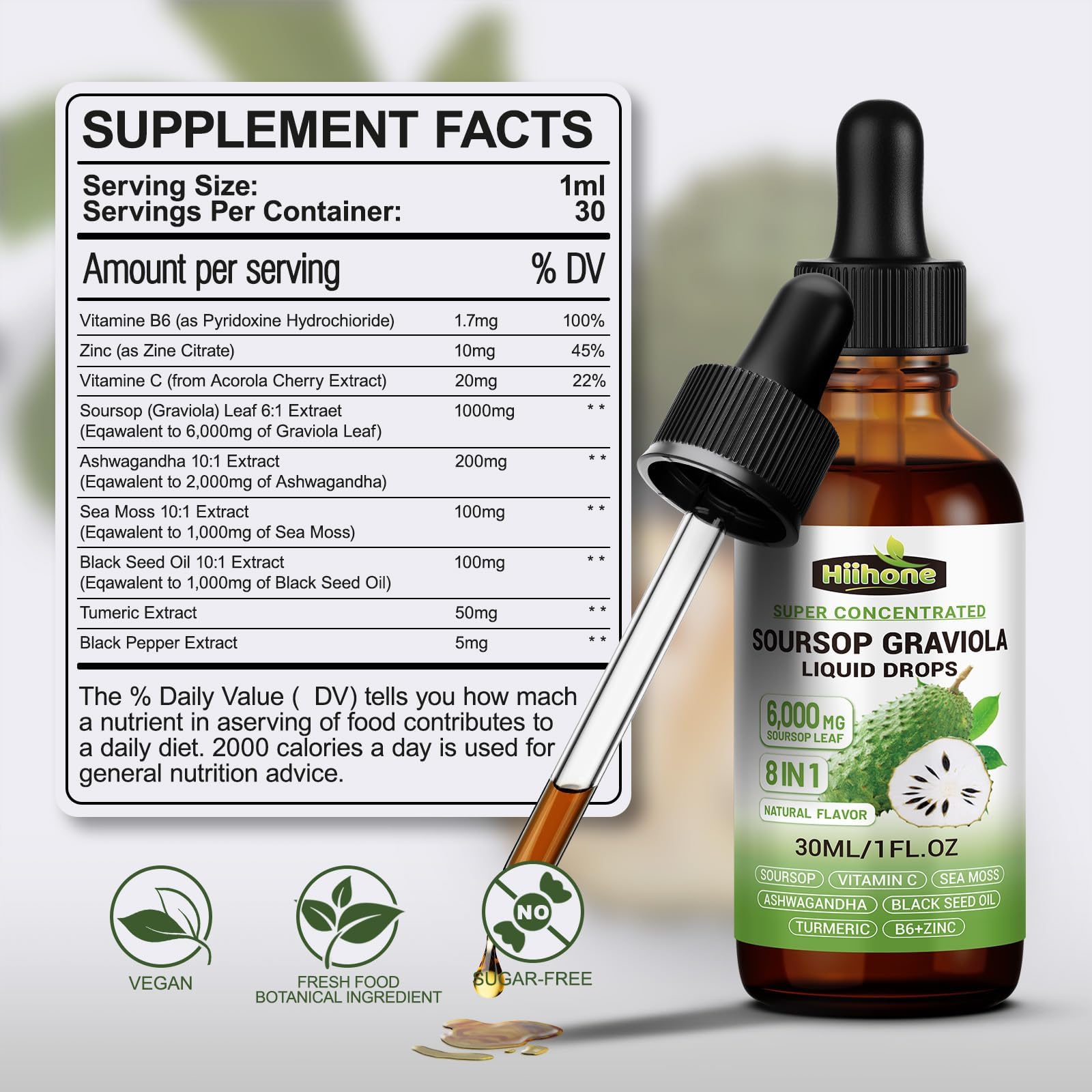 HIIHONE Formulation 8 en 1 : mélange d’ingrédients pour une routine bien-être.