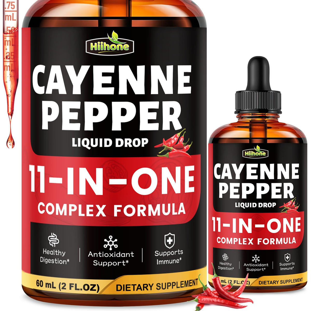 Gouttes Cayenne 11-en-1 HIIHONE sur bouteille, intégration facile dans la routine.