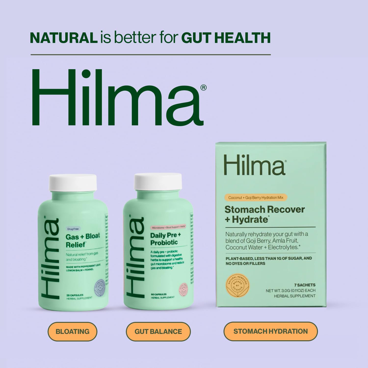 Hilma Pré et Probiotique – emballage clean-label certifié et éthique.