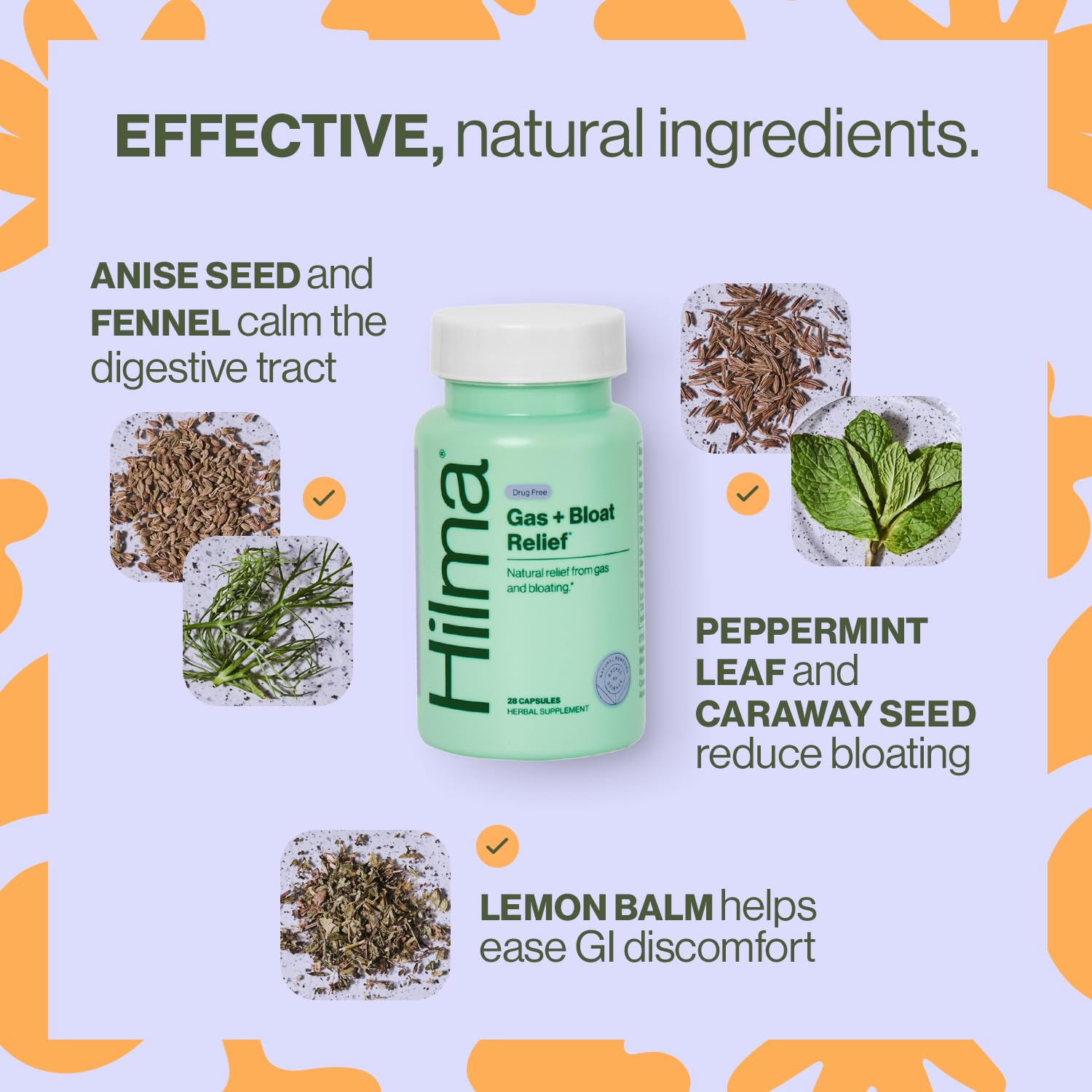 Hilma – ingrédients mélisse, fenouil et menthe pour soutenir le bien-être intestinal.
